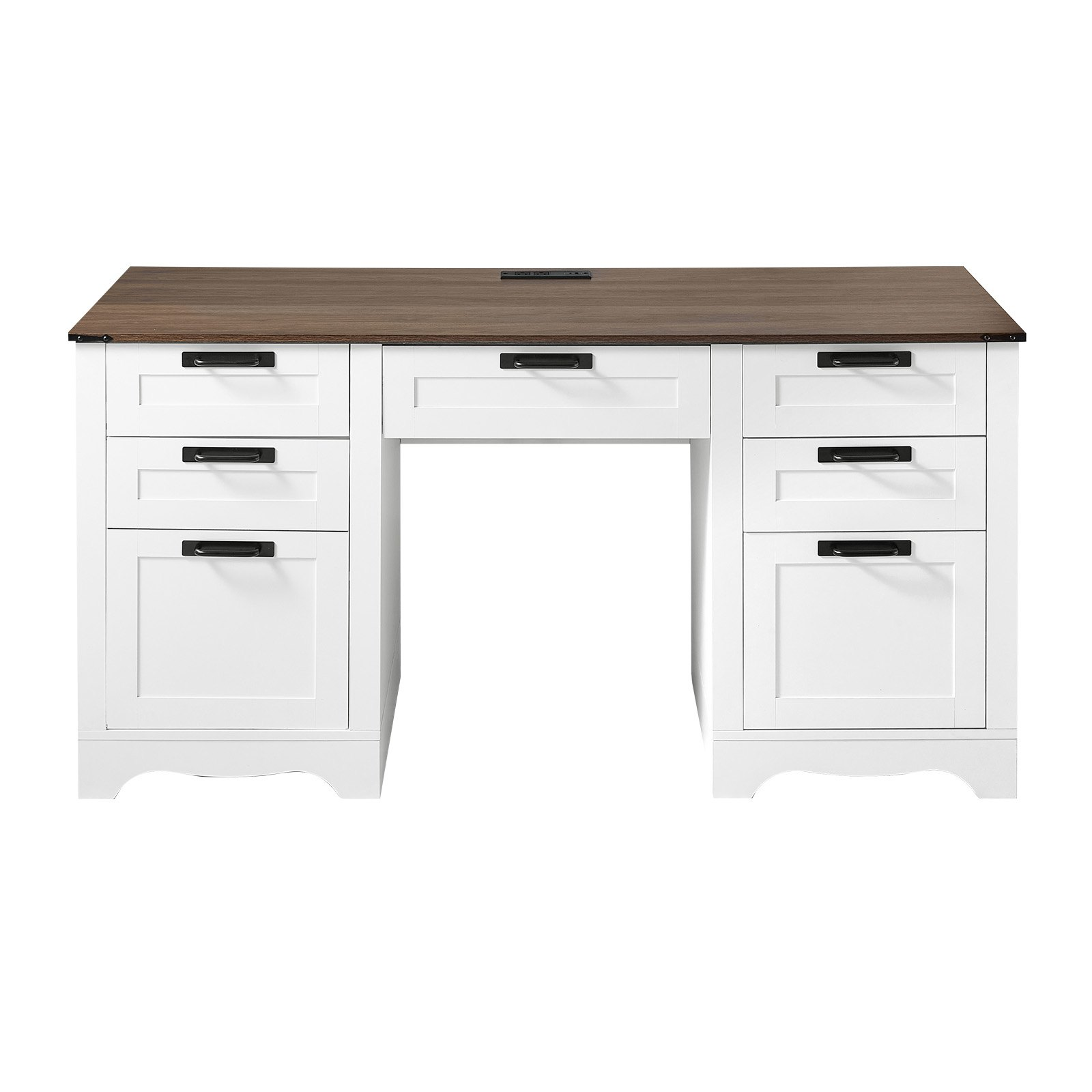 Executive Desk, Farmhouse Office Table with Charging Station, Walnut