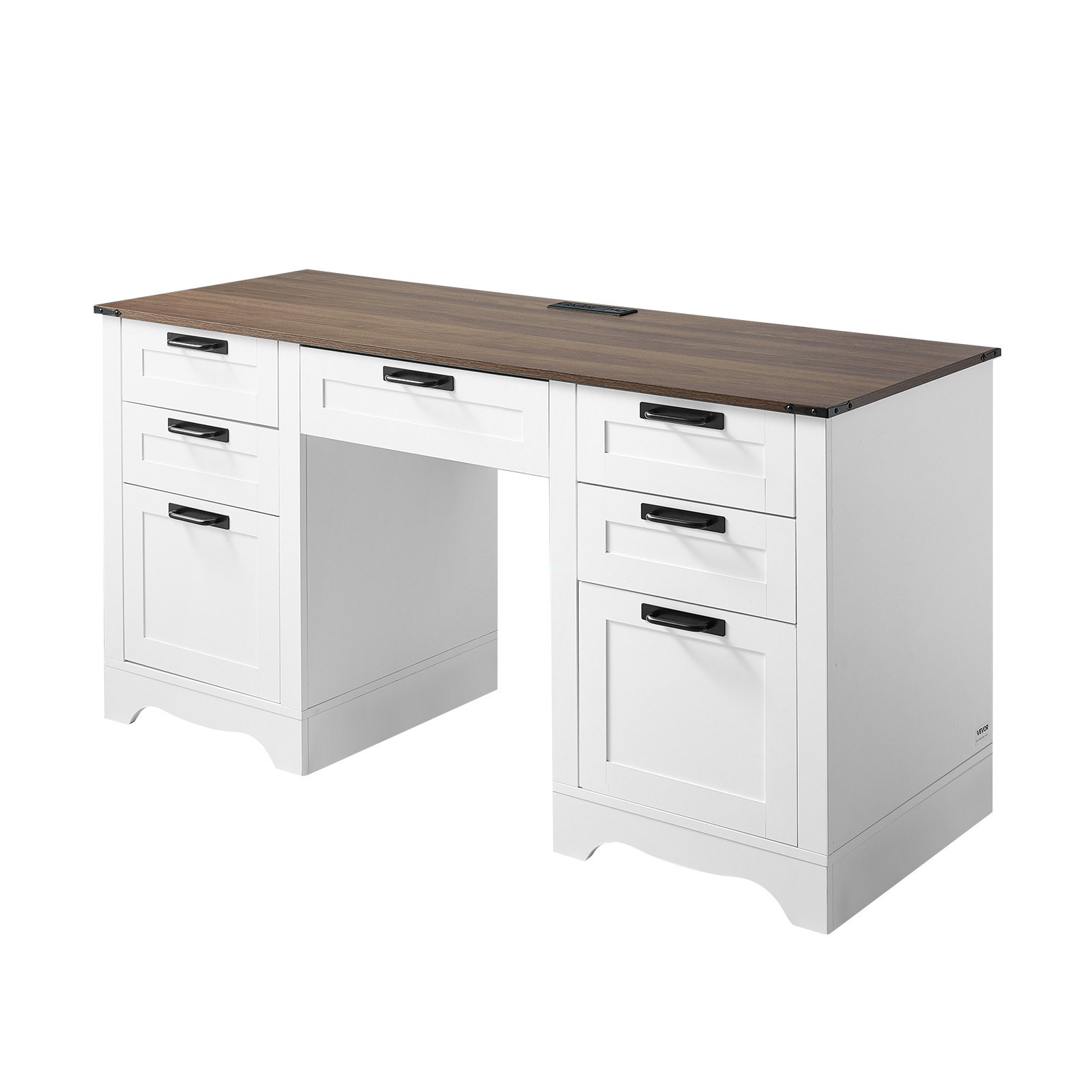 Executive Desk, Farmhouse Office Table with Charging Station, Walnut