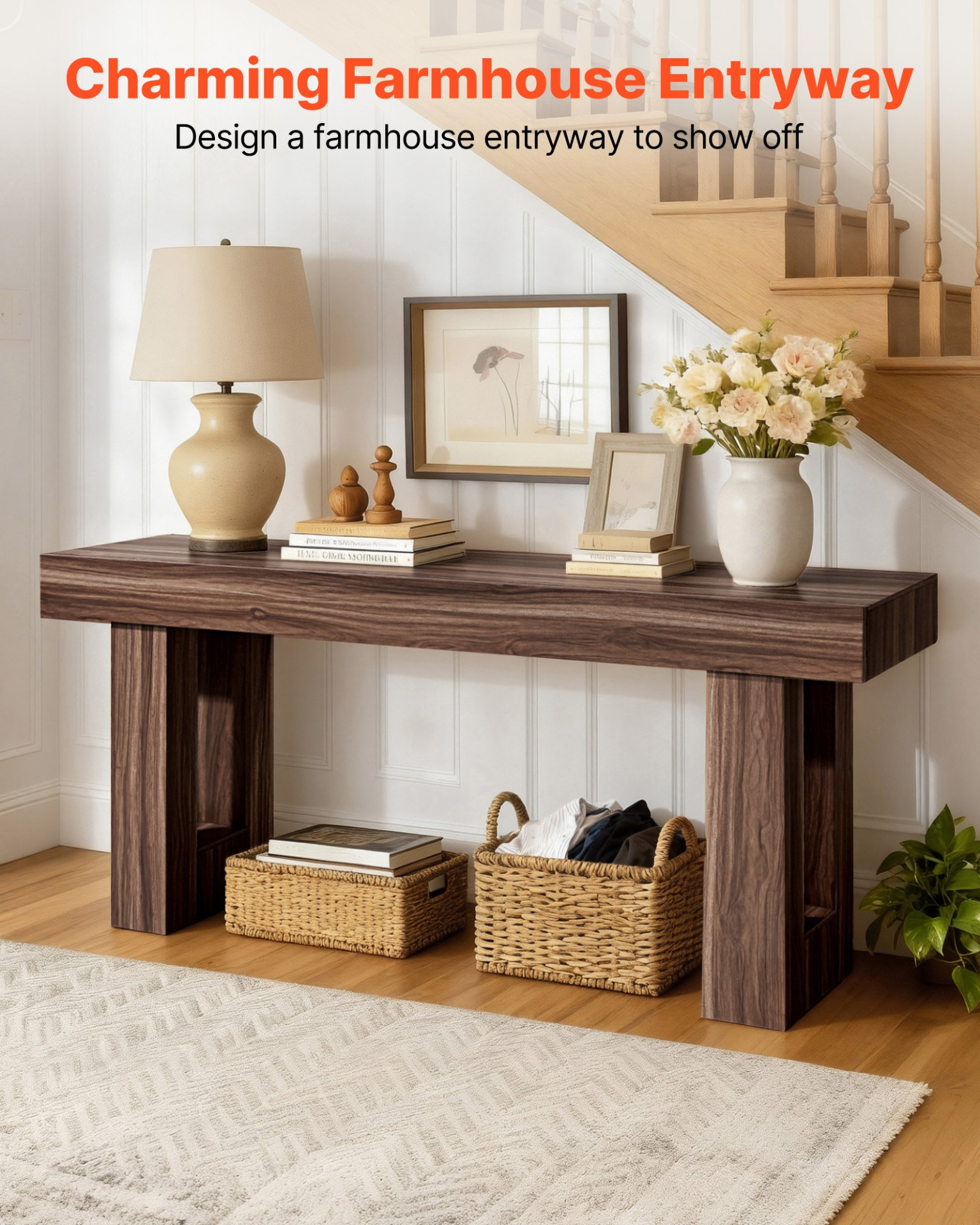 63 in Console Table, Farmhouse Desk Behind the Couch, Brown
