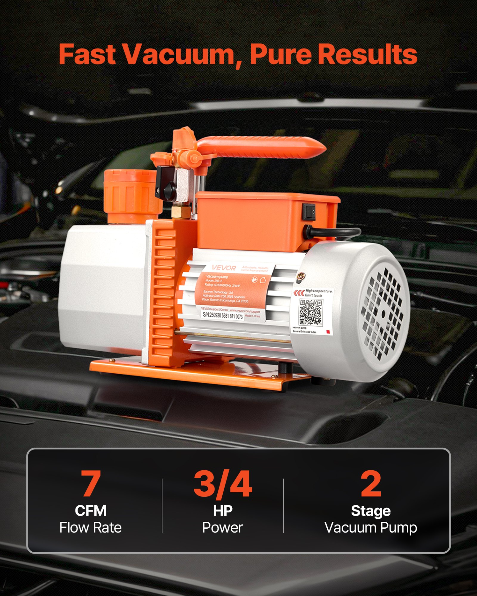 Vacuum Pump, 7 CFM 3/4 HP, Oil Included