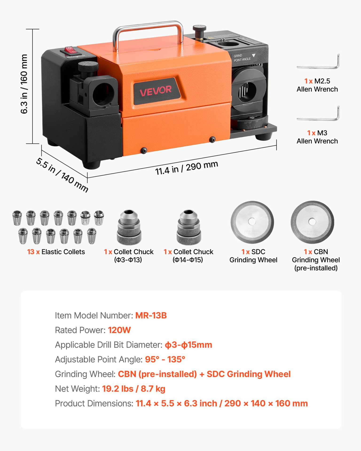 3-15mm Drill Bit Grinder Sharpener MR-13B+ 5800RPM CBN SDC Wheels 13 Collets - Produktbild 5