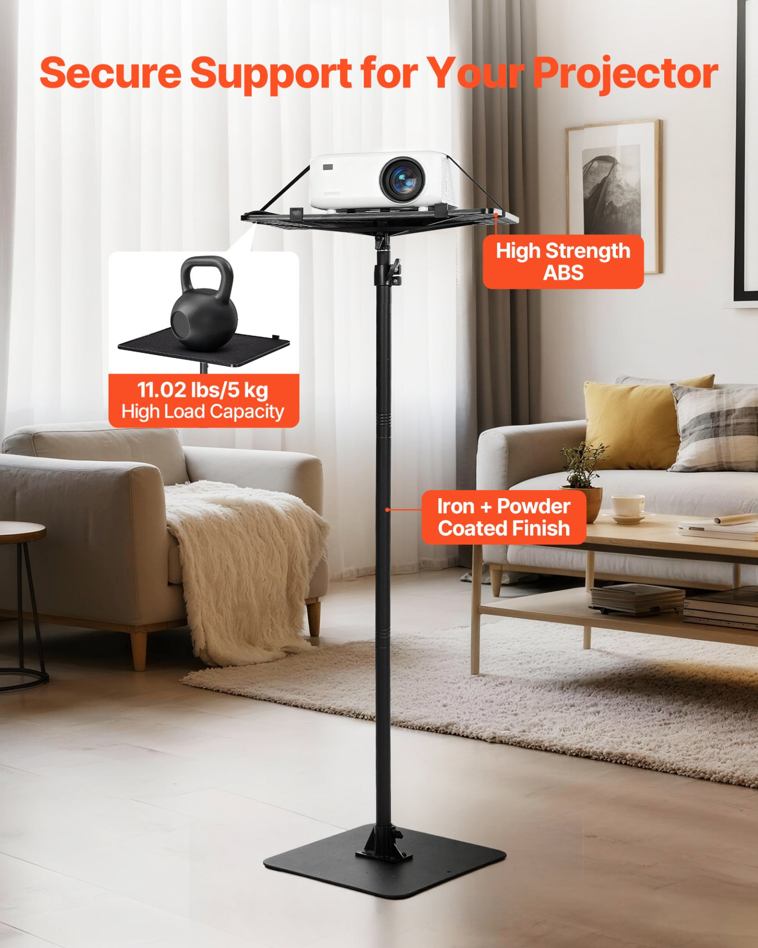 VEVOR Adjustable Projector Floor Stand | 30″ to 63″ Height, 360° Rotating
