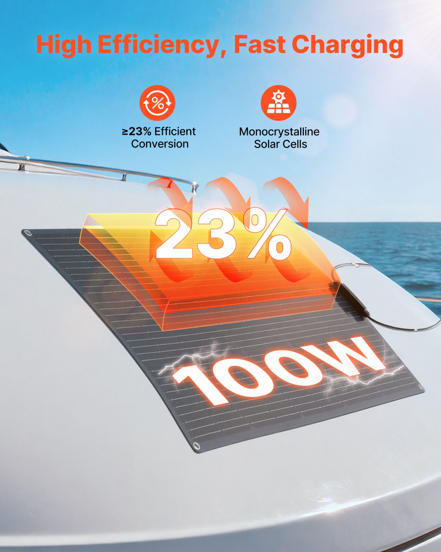 VEVOR 100W Flexible Solar Panel, Bendable Monocrystalline IP67 RV Marine