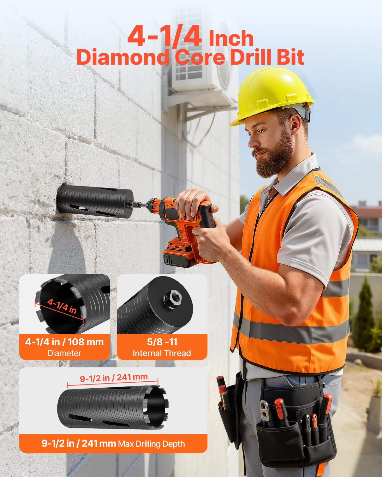 Core Drill Bit, 4-1/4 inch Diameter, 9-1/2 inch Drilling Depth, and Masonry