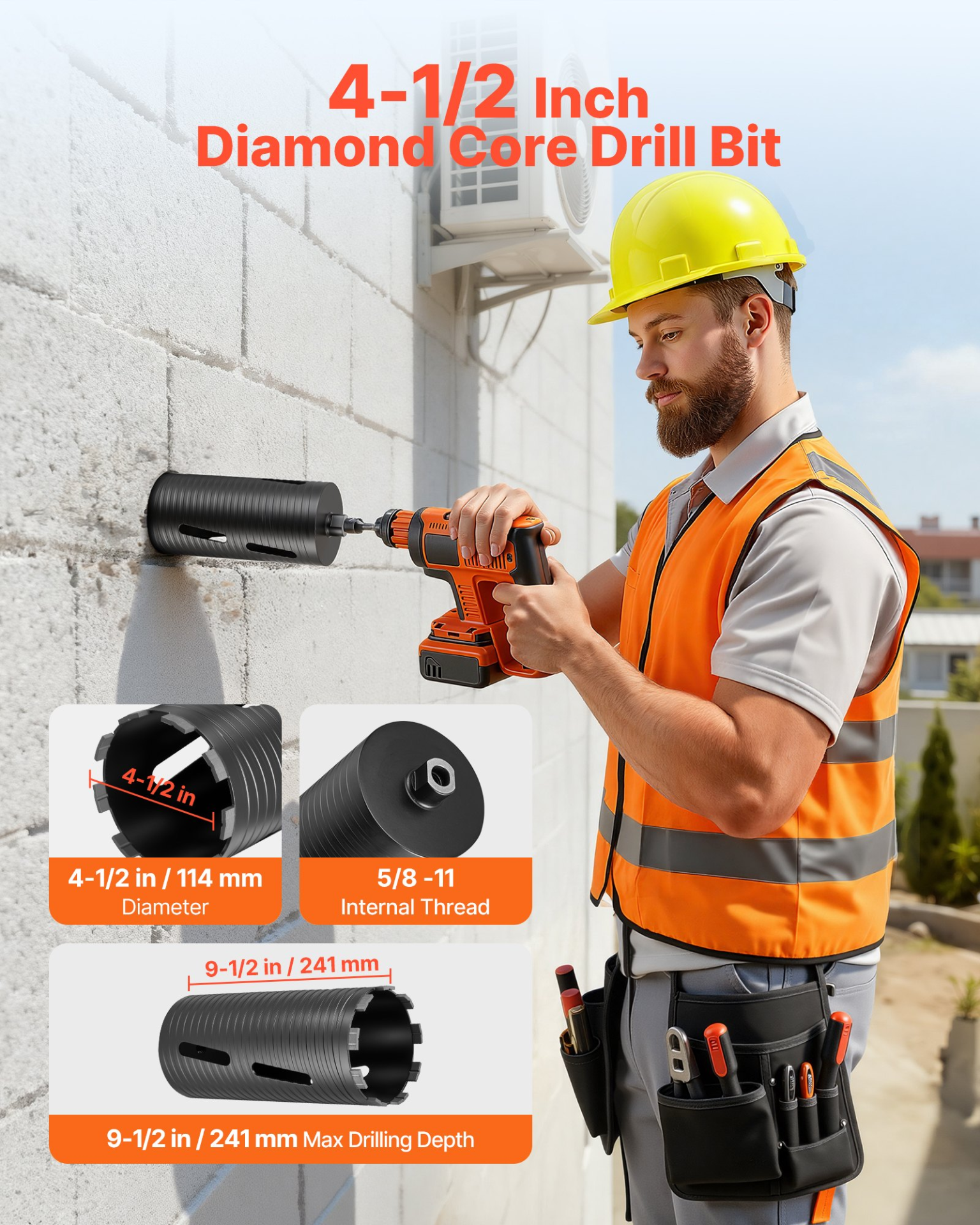 Core Drill Bit, 4-1/2 inch Diameter, 9-1/2 inch Drilling Depth, and Masonry