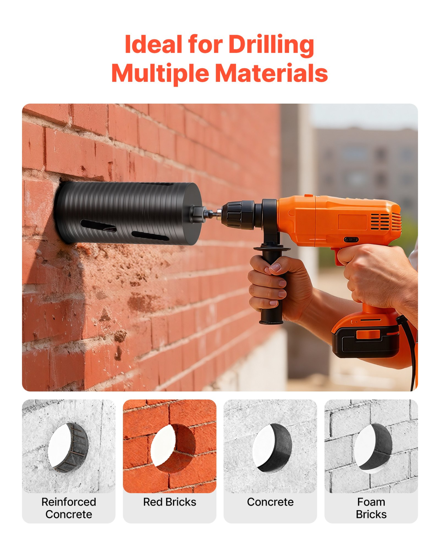 Core Drill Bit, 4-1/2 inch Diameter, 9-1/2 inch Drilling Depth, and Masonry