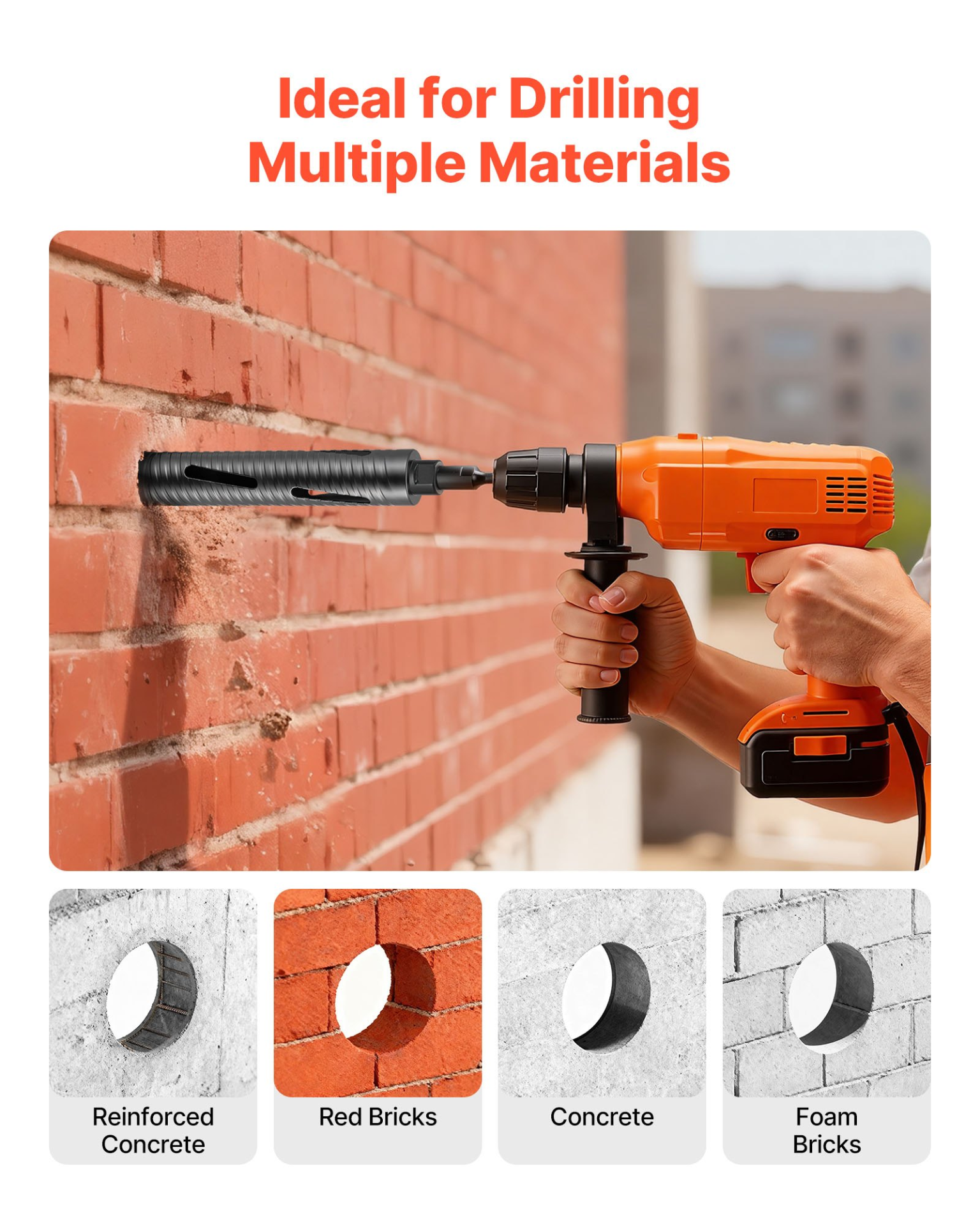 Core Drill Bit, 2 inch Diameter, 9-1/2 inch Drilling Depth, and Masonry