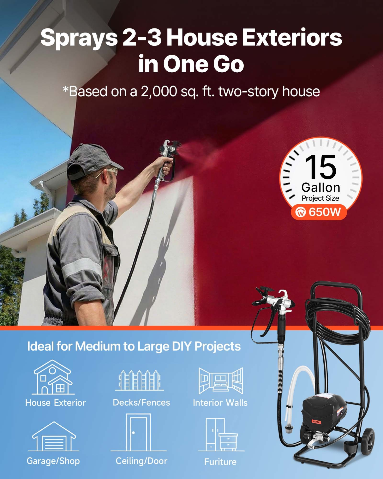 VEVOR 650W Airless Paint Sprayer with Cart – 3000 PSI Electric Sprayer