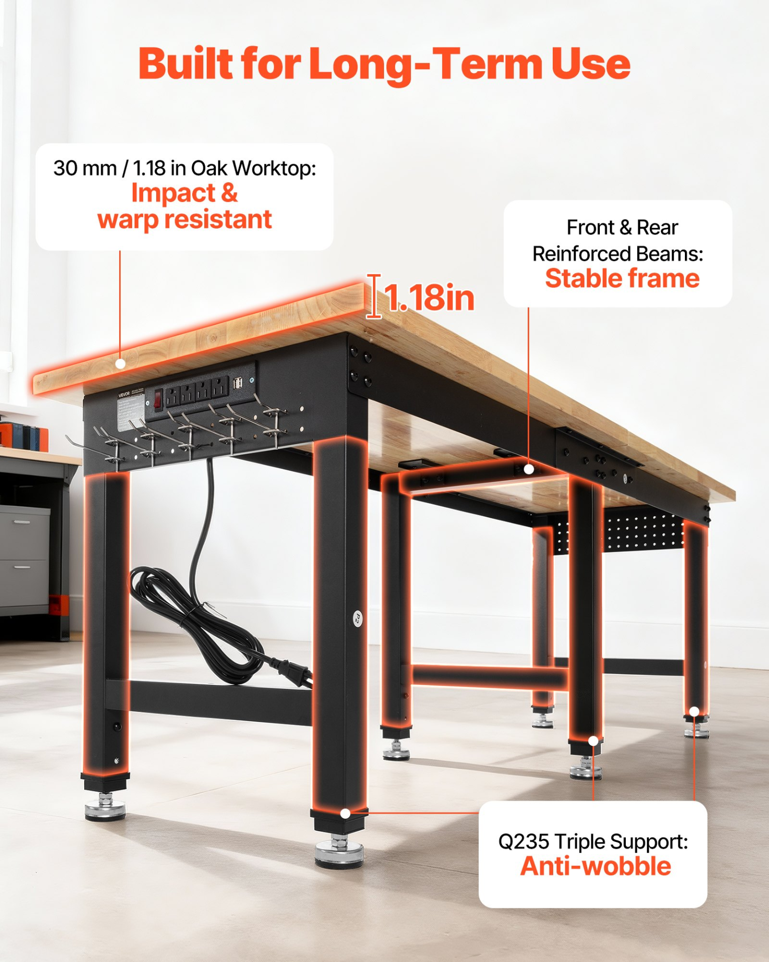 96x24" Adjustable Workbench 5000 lb Oak Top Work Table w/ Power Outlets