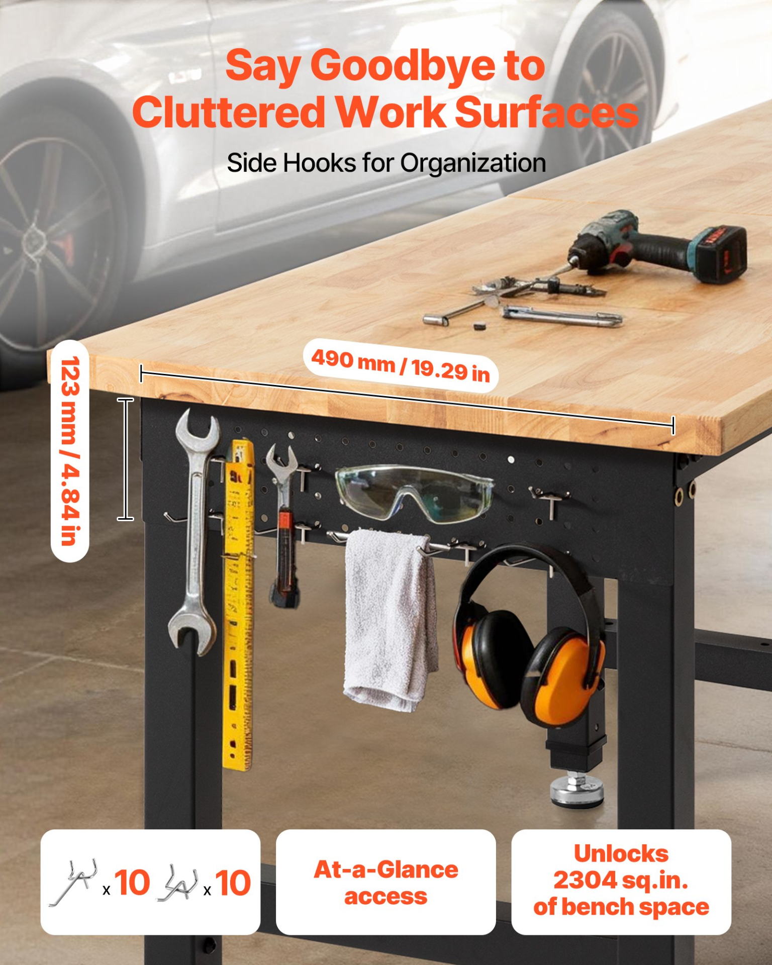 96x24" Adjustable Workbench 5000 lb Oak Top Work Table w/ Power Outlets