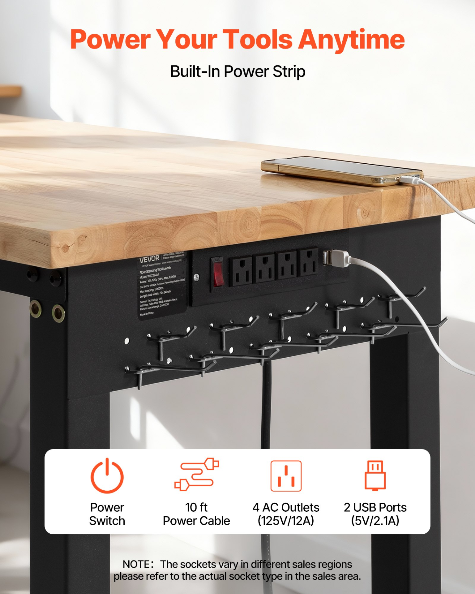 96x24" Adjustable Workbench 5000 lb Oak Top Work Table w/ Power Outlets