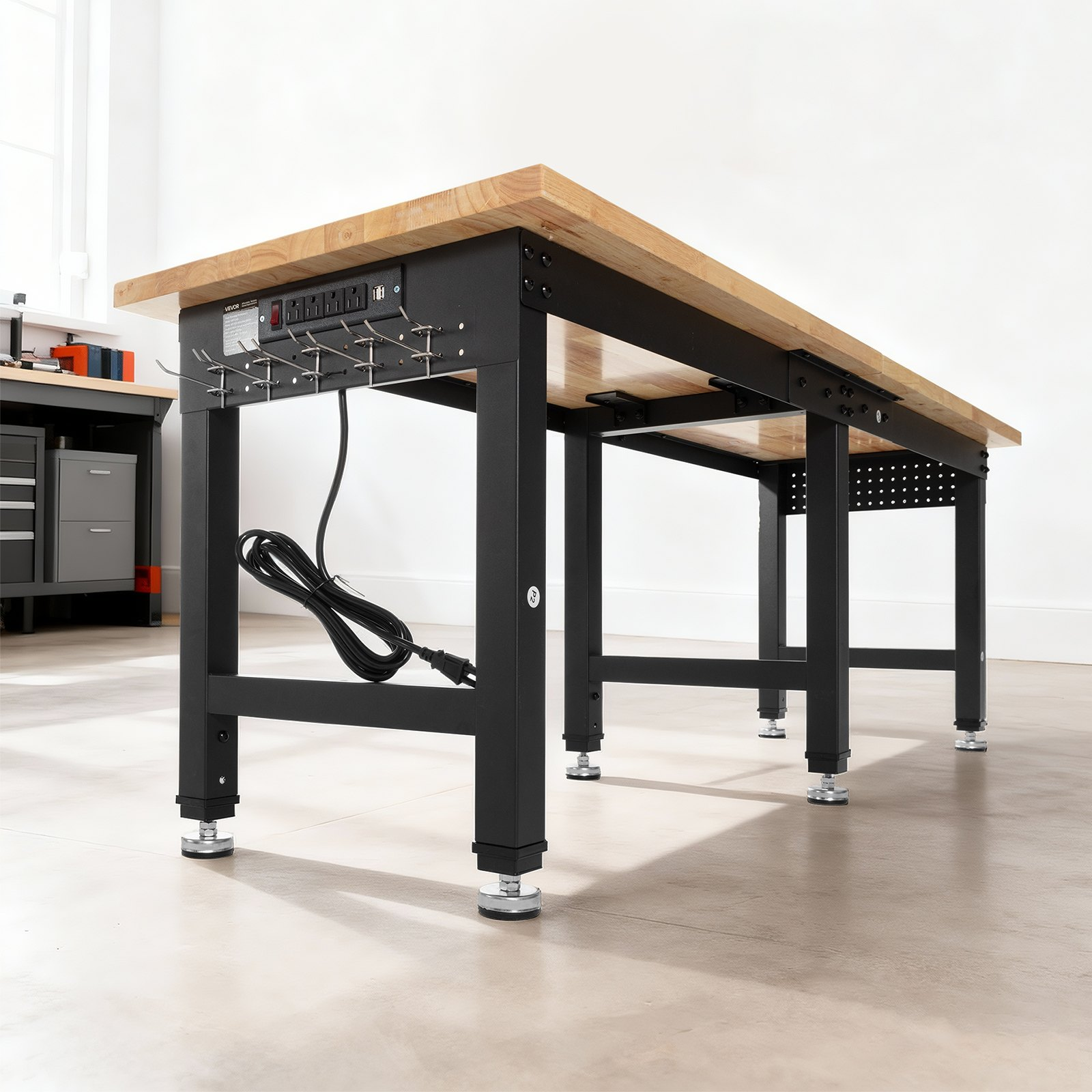96x24" Adjustable Workbench 5000 lb Oak Top Work Table w/ Power Outlets
