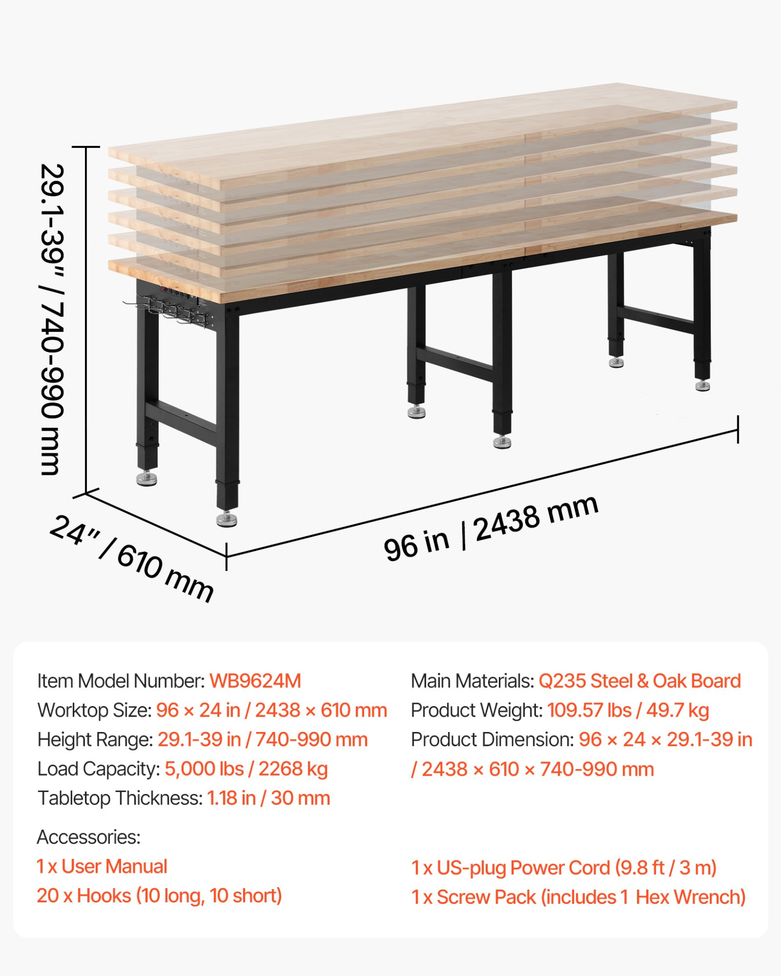 96x24" Adjustable Workbench 5000 lb Oak Top Work Table w/ Power Outlets