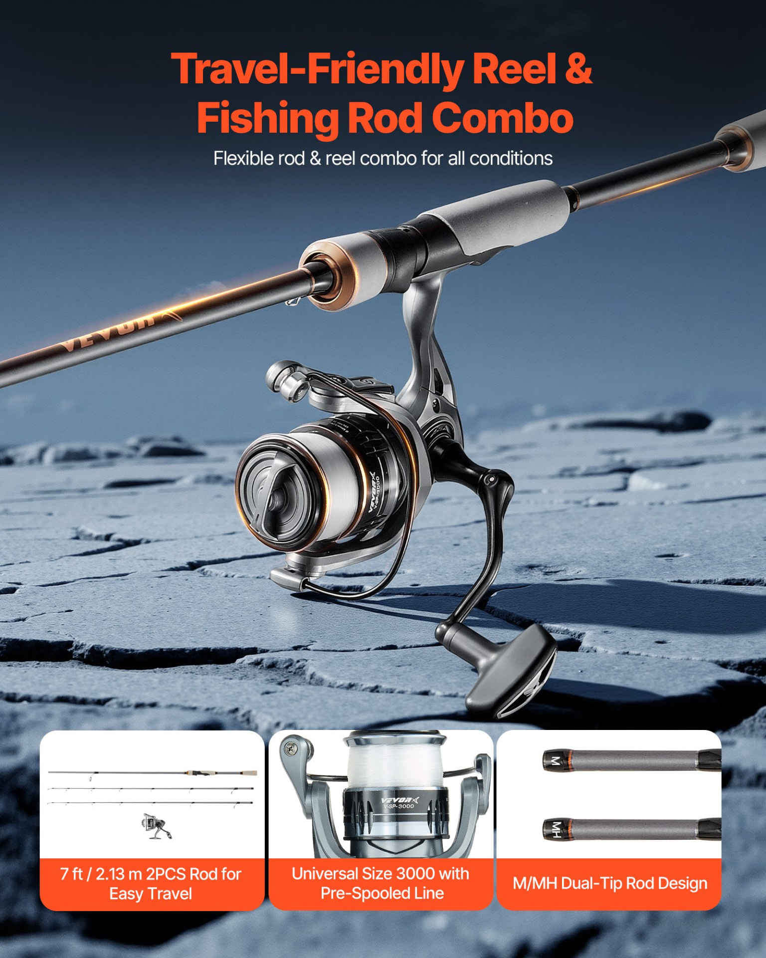 VEVOR IM7 Carbon Spinning Rod & Reel Combo, 7ft 2-Piece, 7+1 BB, MH Power