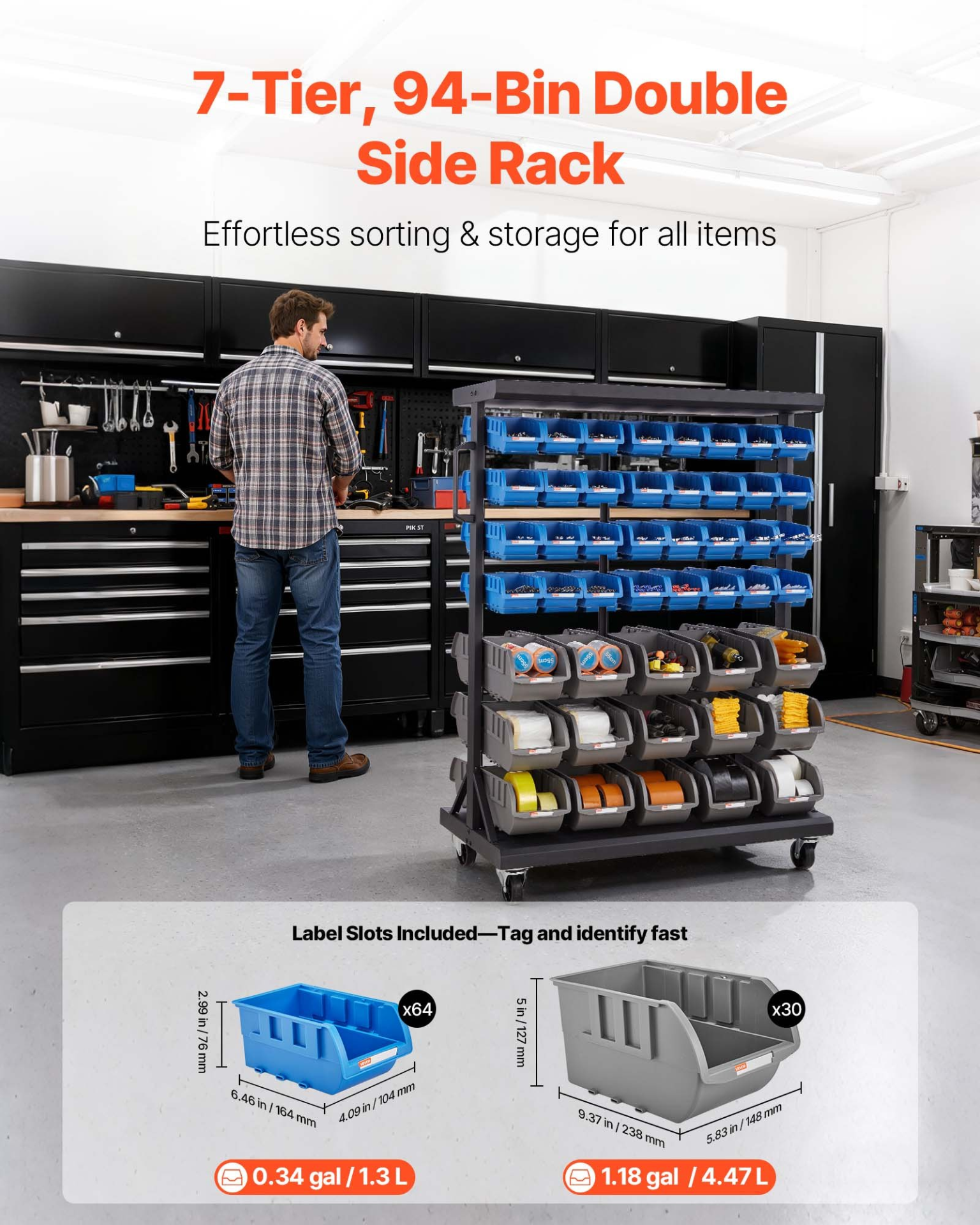 VEVOR 7-Tier Rolling Storage Rack with 94 Bins – Double-Sided Mobile Organizer