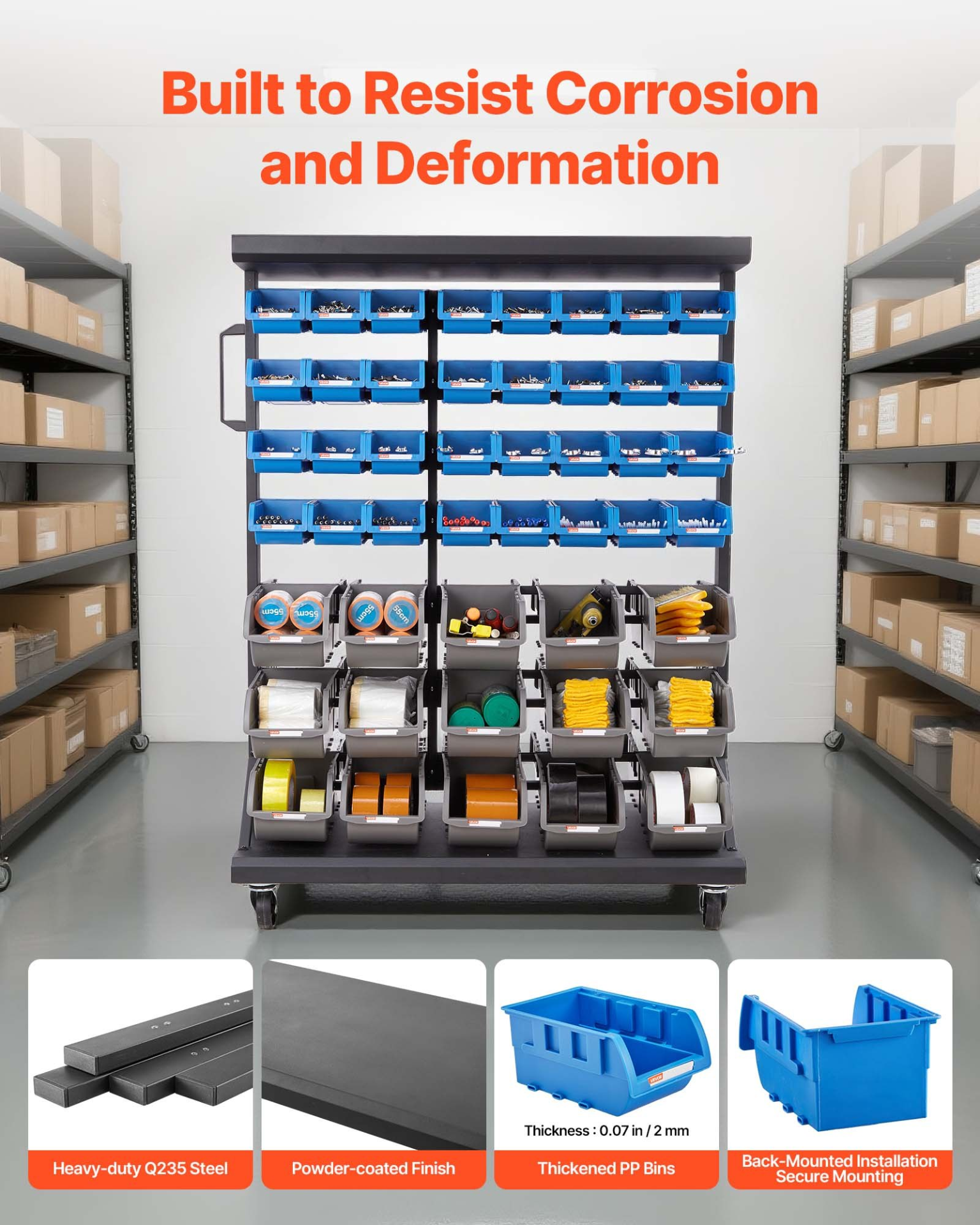 VEVOR 7-Tier Rolling Storage Rack with 94 Bins – Double-Sided Mobile Organizer