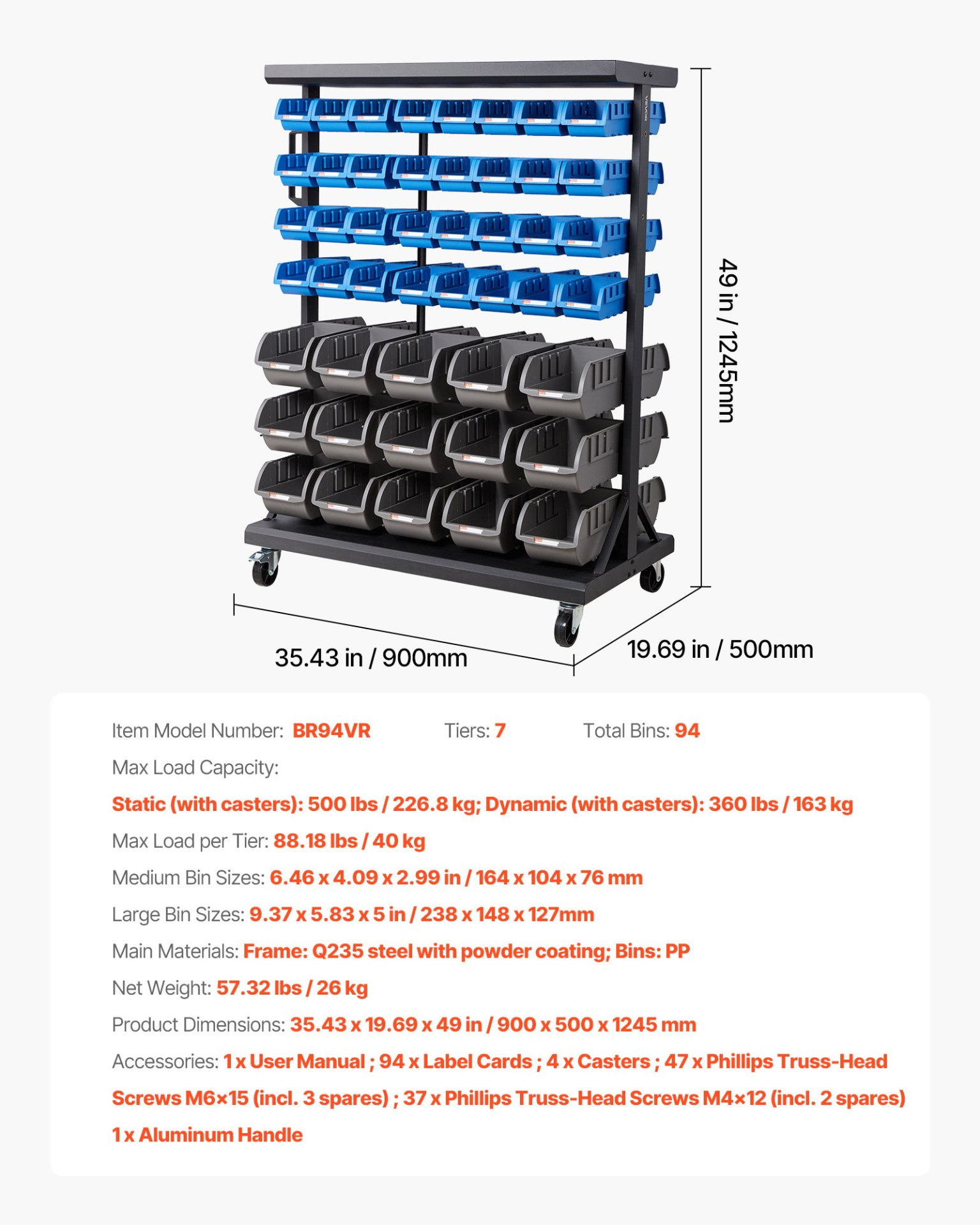 VEVOR 7-Tier Rolling Storage Rack with 94 Bins – Double-Sided Mobile Organizer
