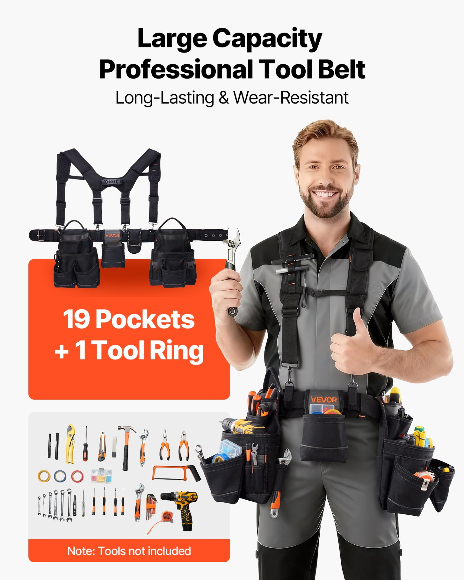 Tool Belt 19 Pocket with Suspenders Heavy Duty Utility Work Bag 31-51