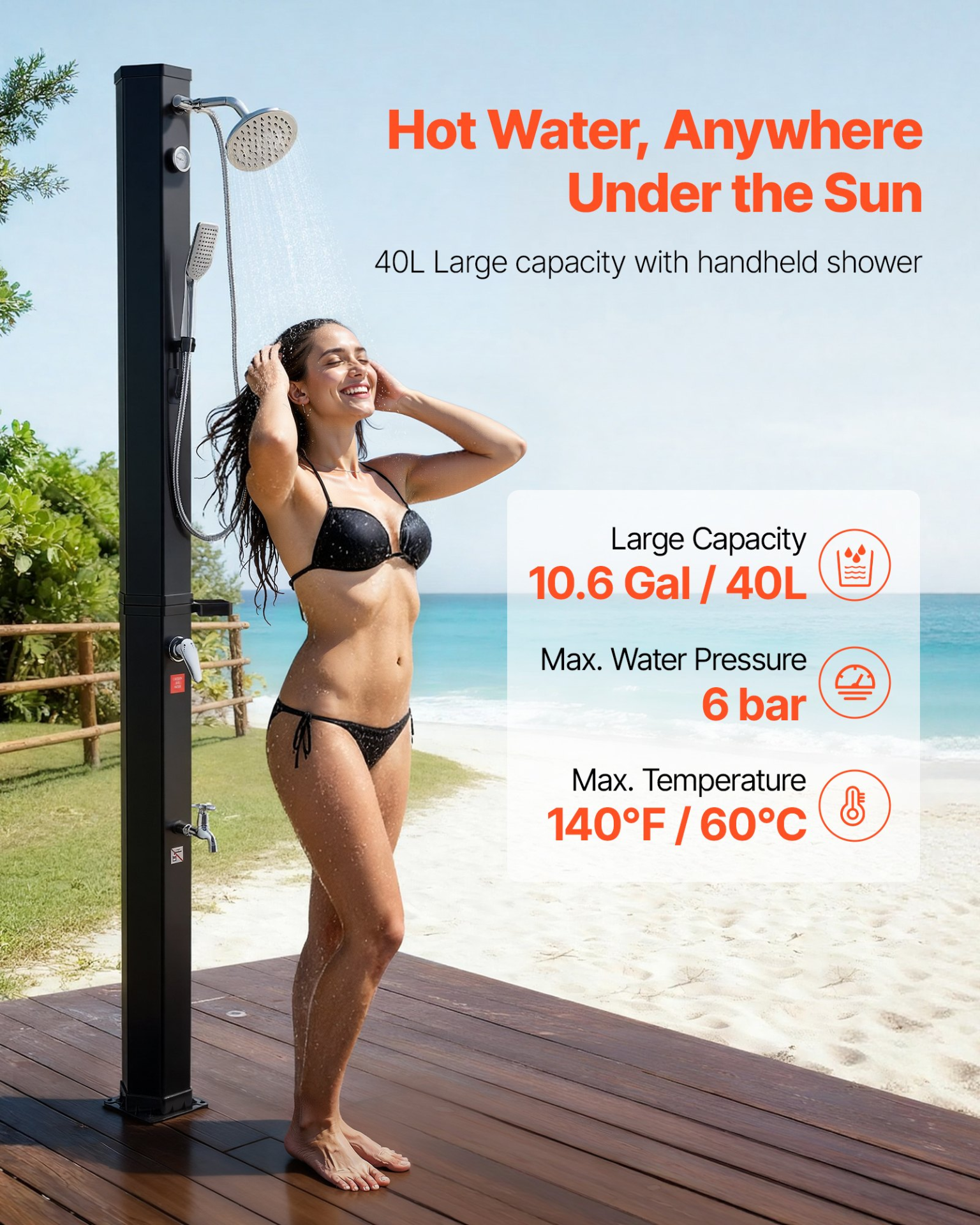 10.6Gal Solar Outdoor Shower 6.7ft Hot Cold w/ Handheld Foot Faucet Black