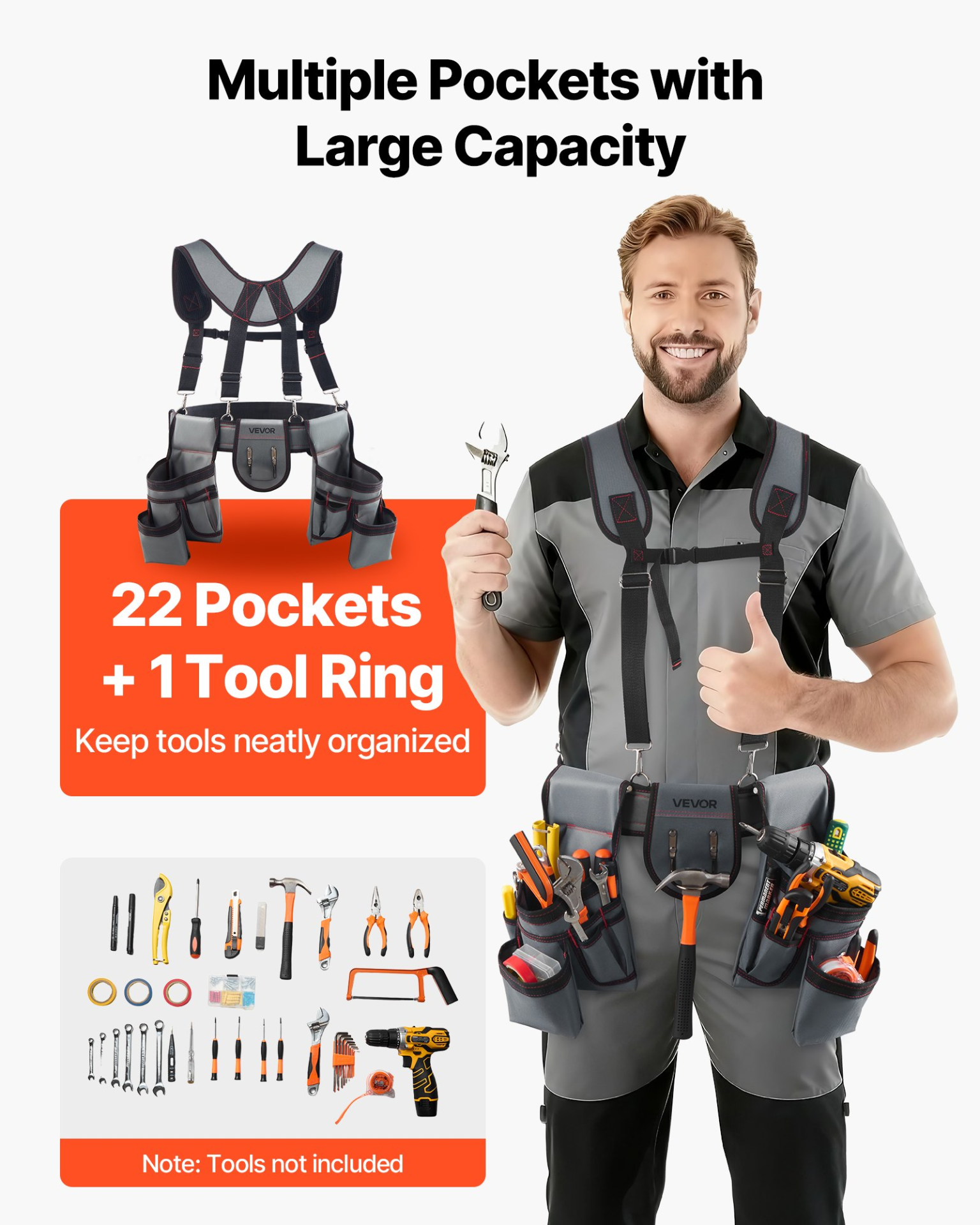 Tool Belt 22 Pocket with Suspenders Heavy Duty Utility Work Bag 32-68