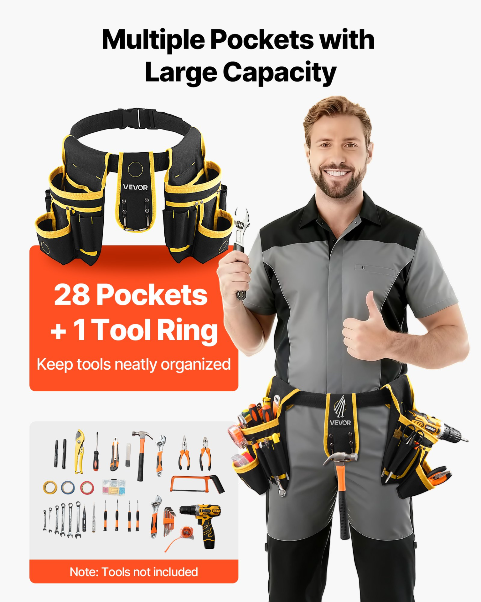 Tool Belt w/ 28 Pockets – Heavy Duty Adjustable, Magnetic Pouch, VEVOR