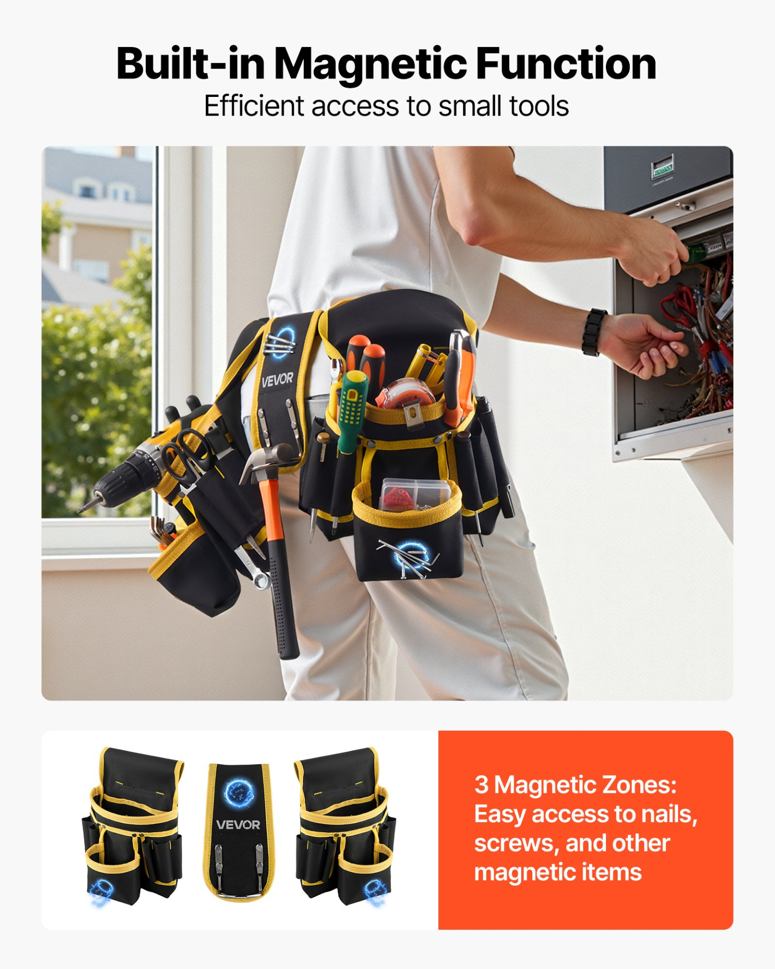 Tool Belt w/ 28 Pockets – Heavy Duty Adjustable, Magnetic Pouch, VEVOR