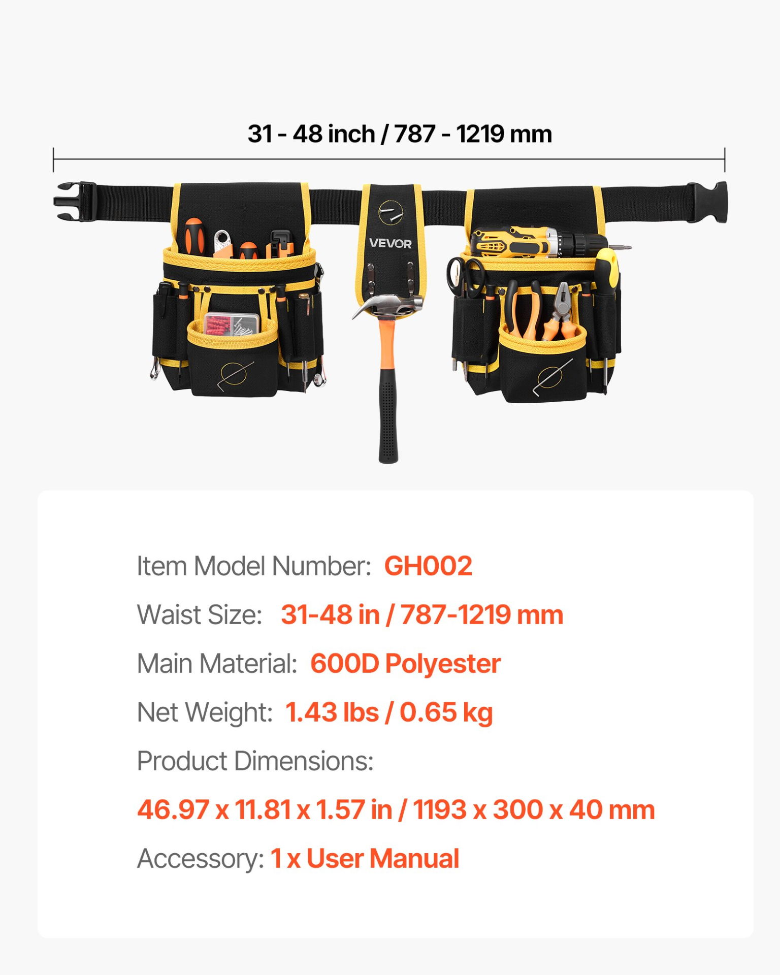 Tool Belt w/ 28 Pockets – Heavy Duty Adjustable, Magnetic Pouch, VEVOR