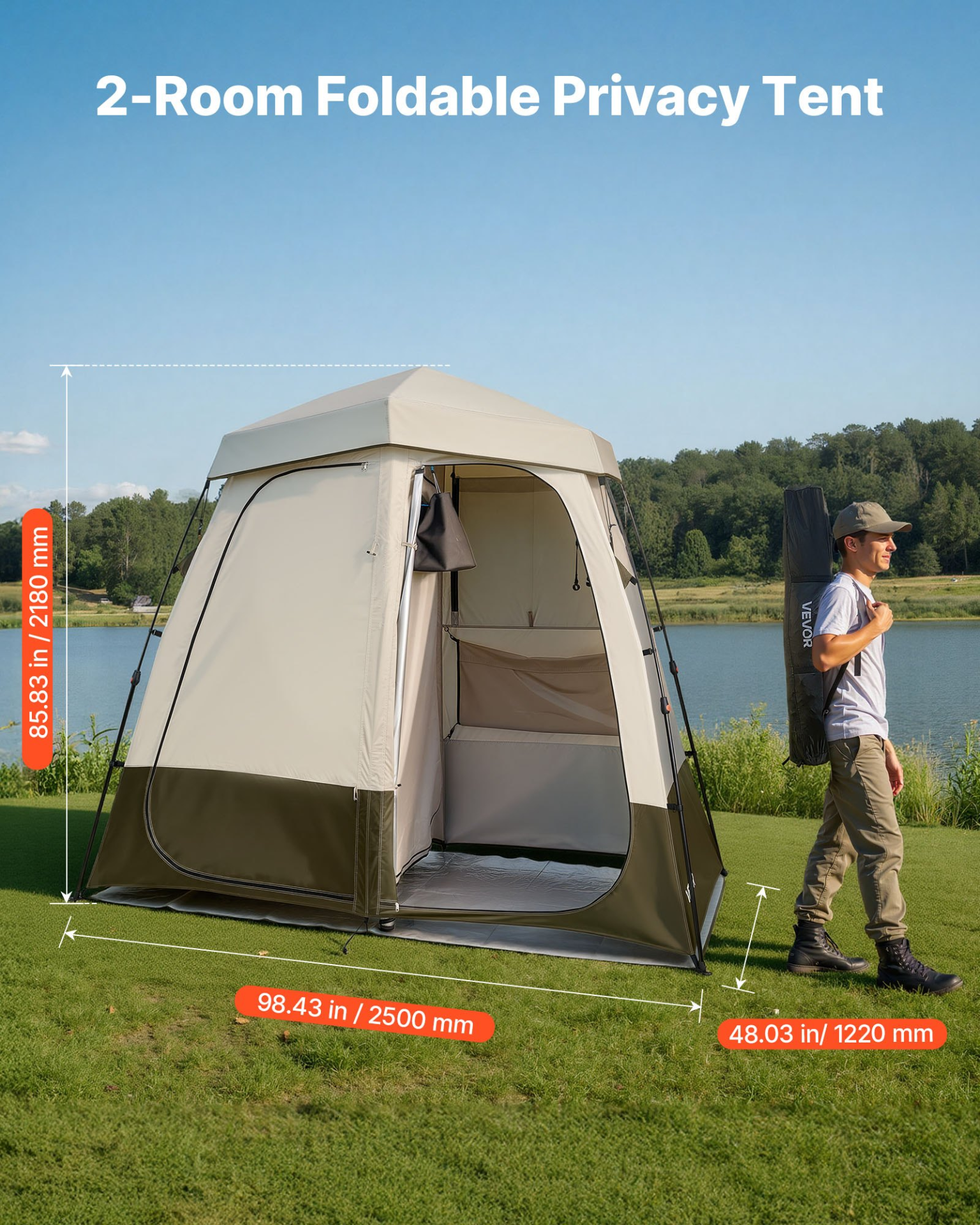 2 Room Camping Shower Tent Foldable Privacy Changing Room w/ Carry Bag