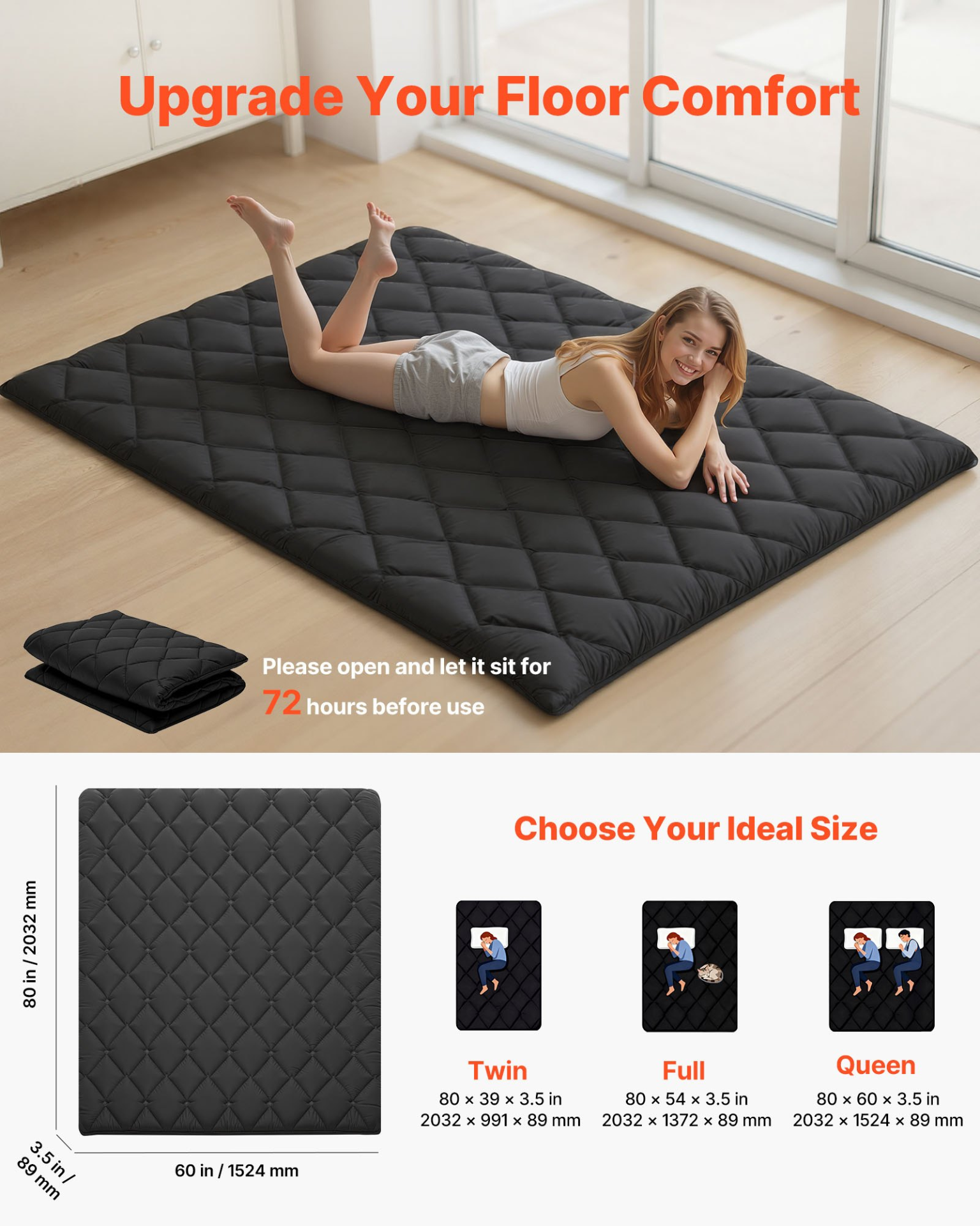 Queen Japanese Tatami Futon Mattress 80x60x3.5 Black