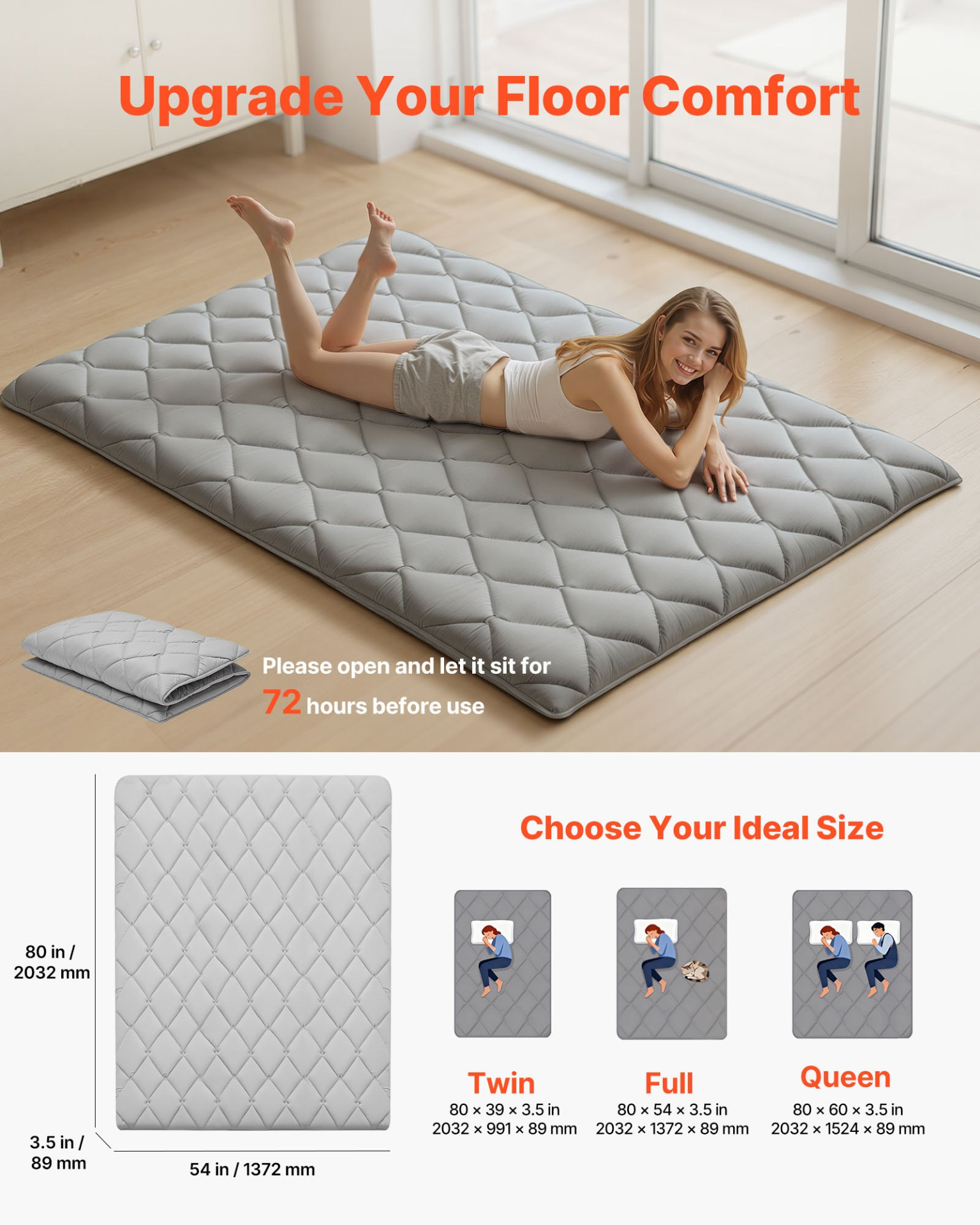 Full Japanese Tatami Futon Mattress 80x54x3.5 Gray