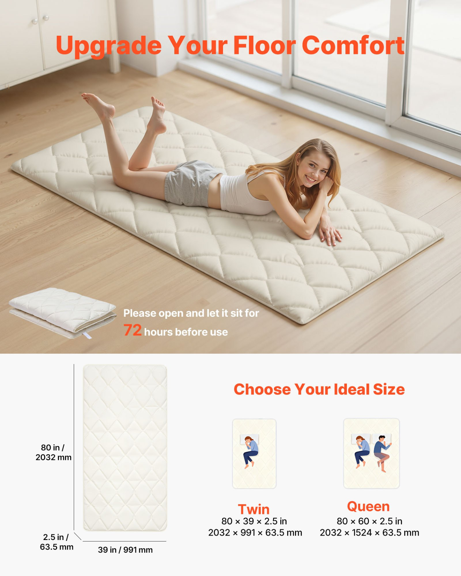 Twin Japanese Tatami Futon Mattress 80x39x2.5 White