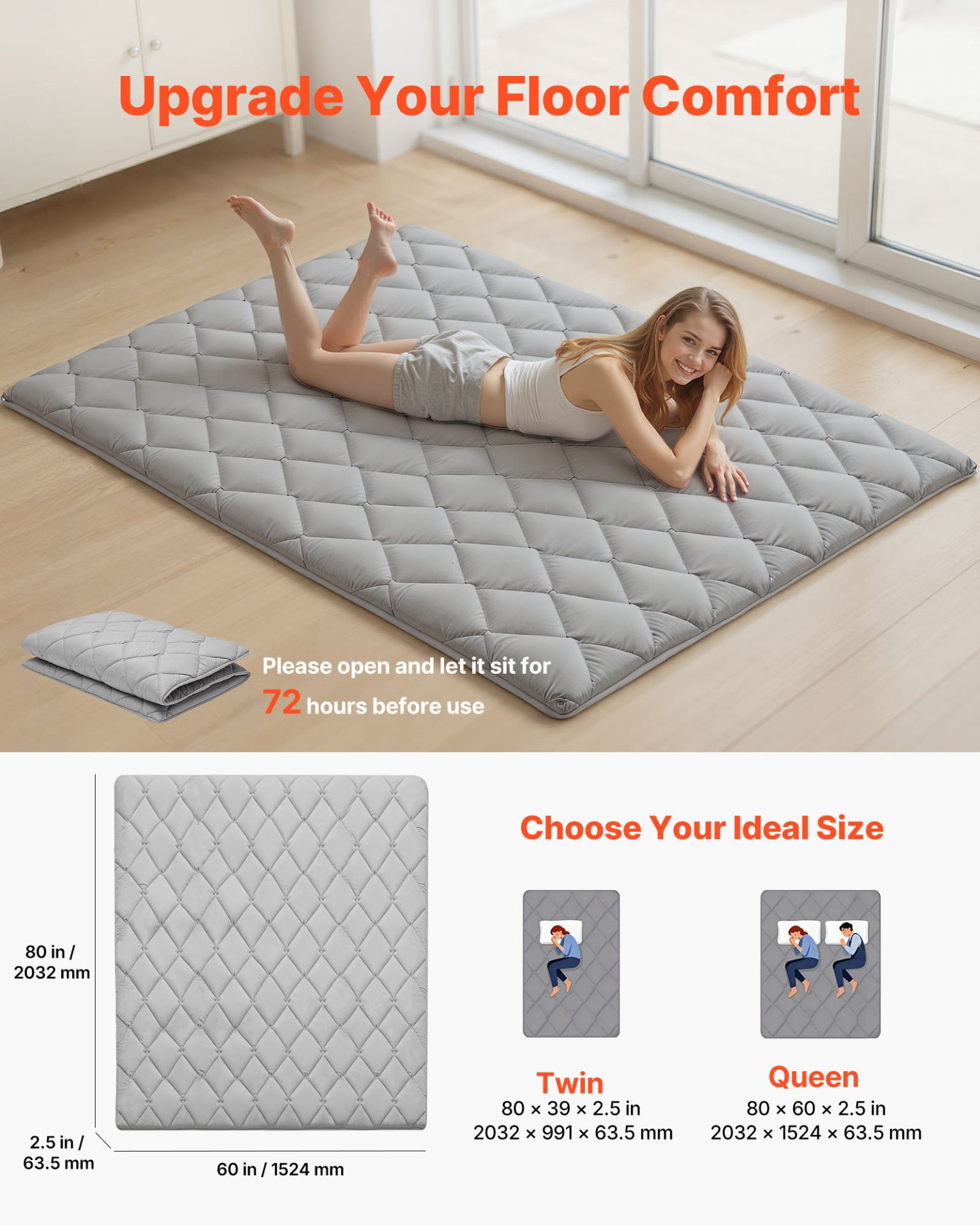 Queen Japanese Tatami Futon Mattress 80x60x2.5 Gray