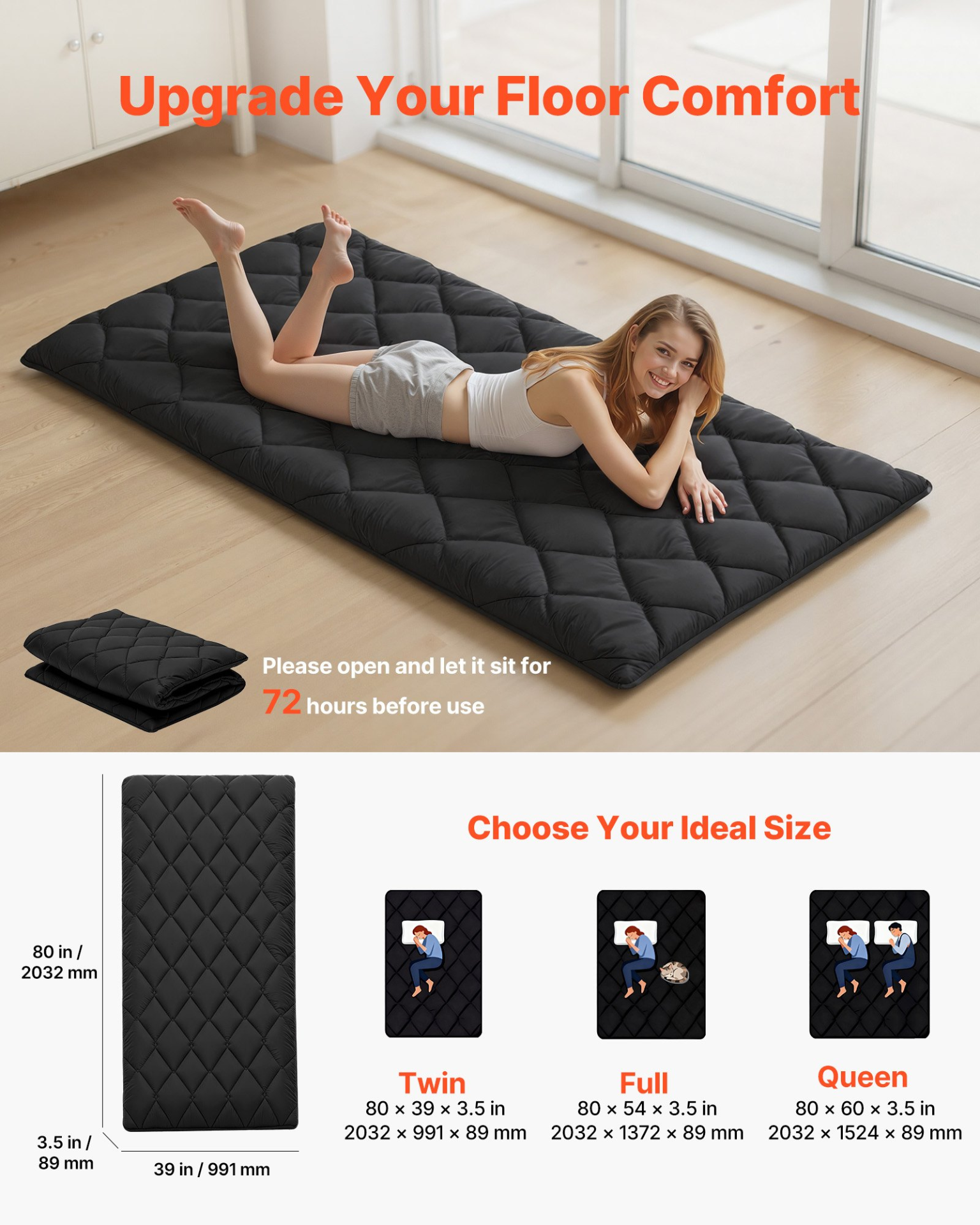 Twin Japanese Tatami Futon Mattress 80x39x3.5 Black