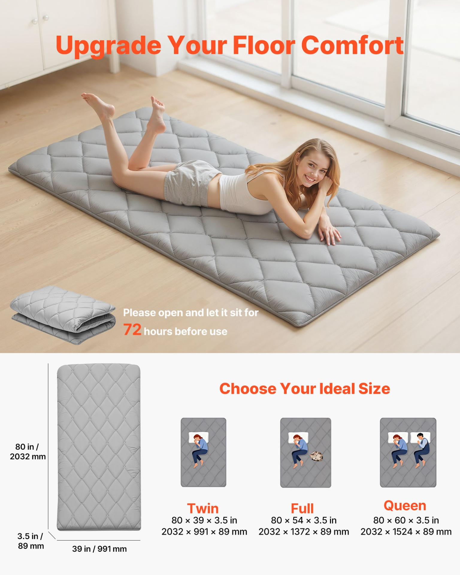 Twin Japanese Tatami Futon Mattress 80x39x3.5 Gray