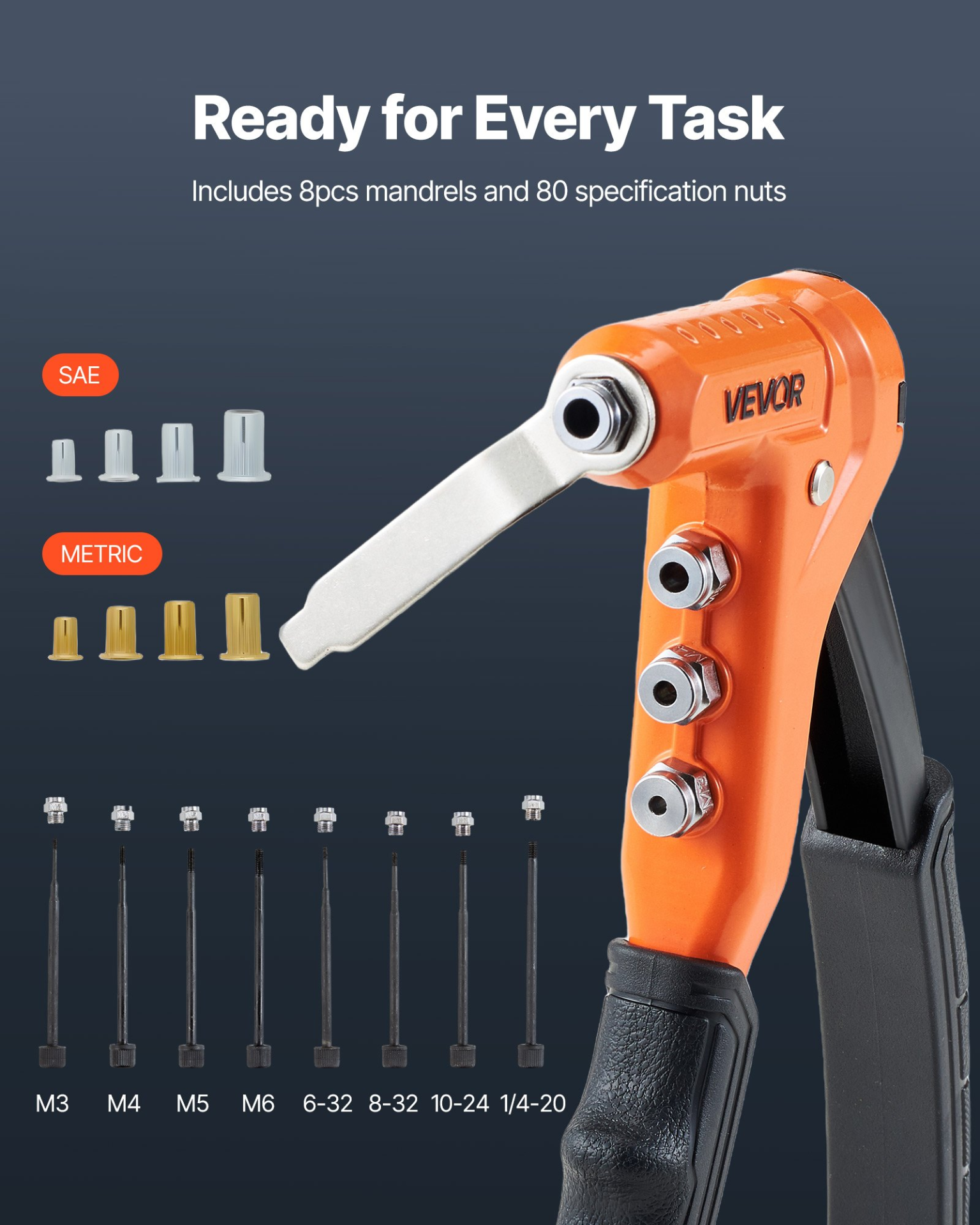 VEVOR 9" One-Handed Rivet Nut Tool Kit w/ 80 Nuts, 8 Mandrels & Case