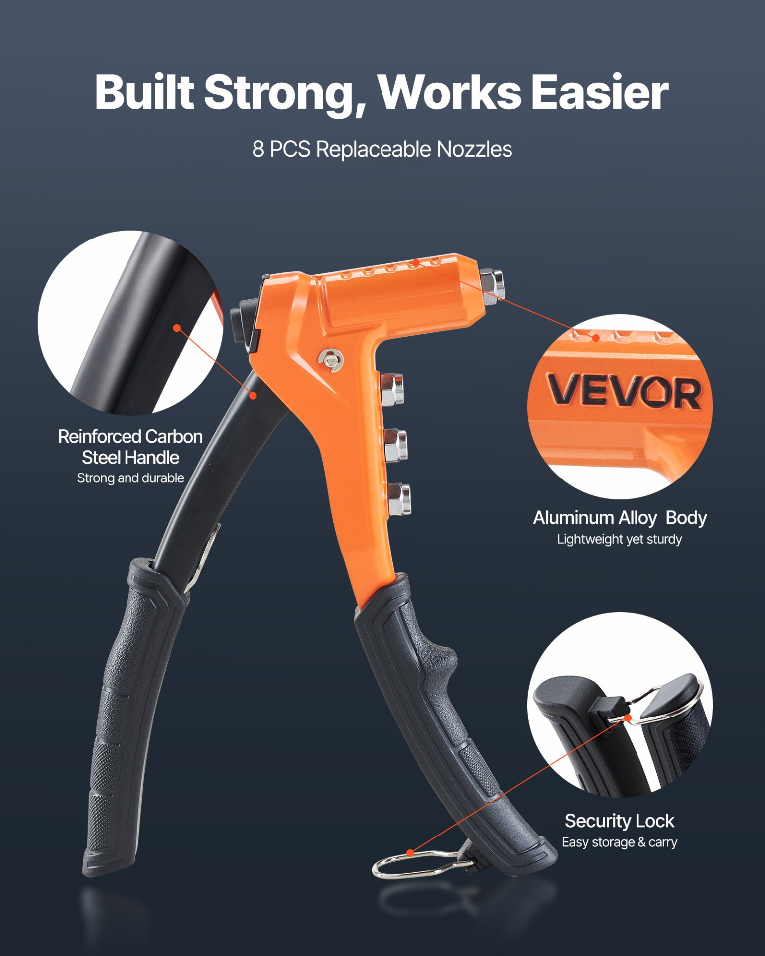 VEVOR 9" One-Handed Rivet Nut Tool Kit w/ 80 Nuts, 8 Mandrels & Case