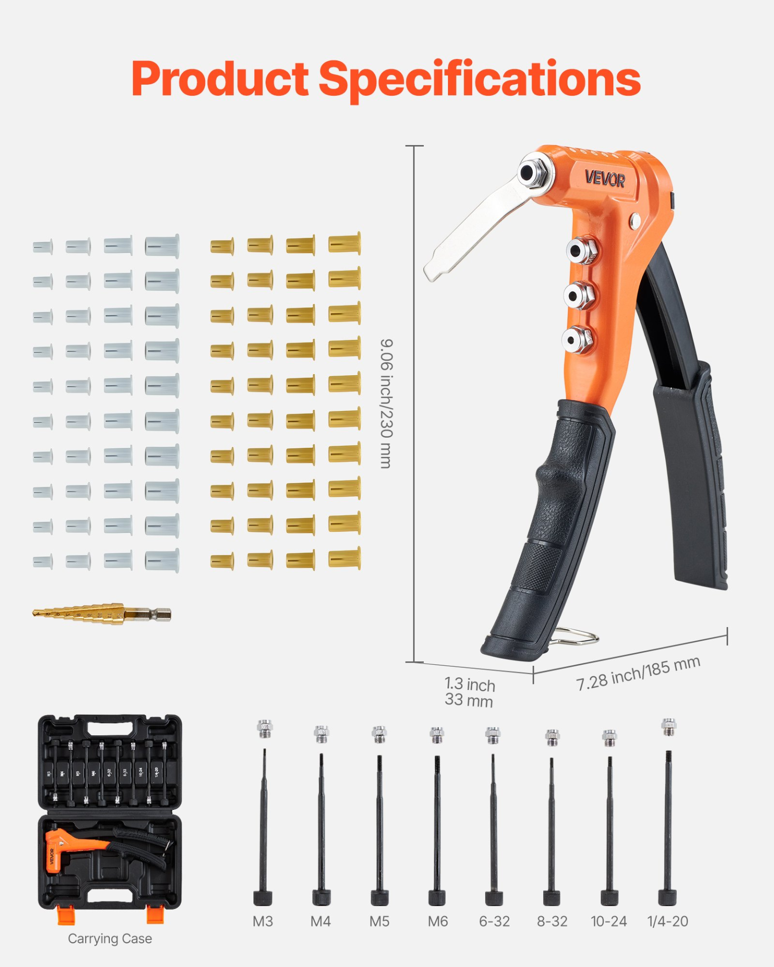 VEVOR 9" One-Handed Rivet Nut Tool Kit w/ 80 Nuts, 8 Mandrels & Case