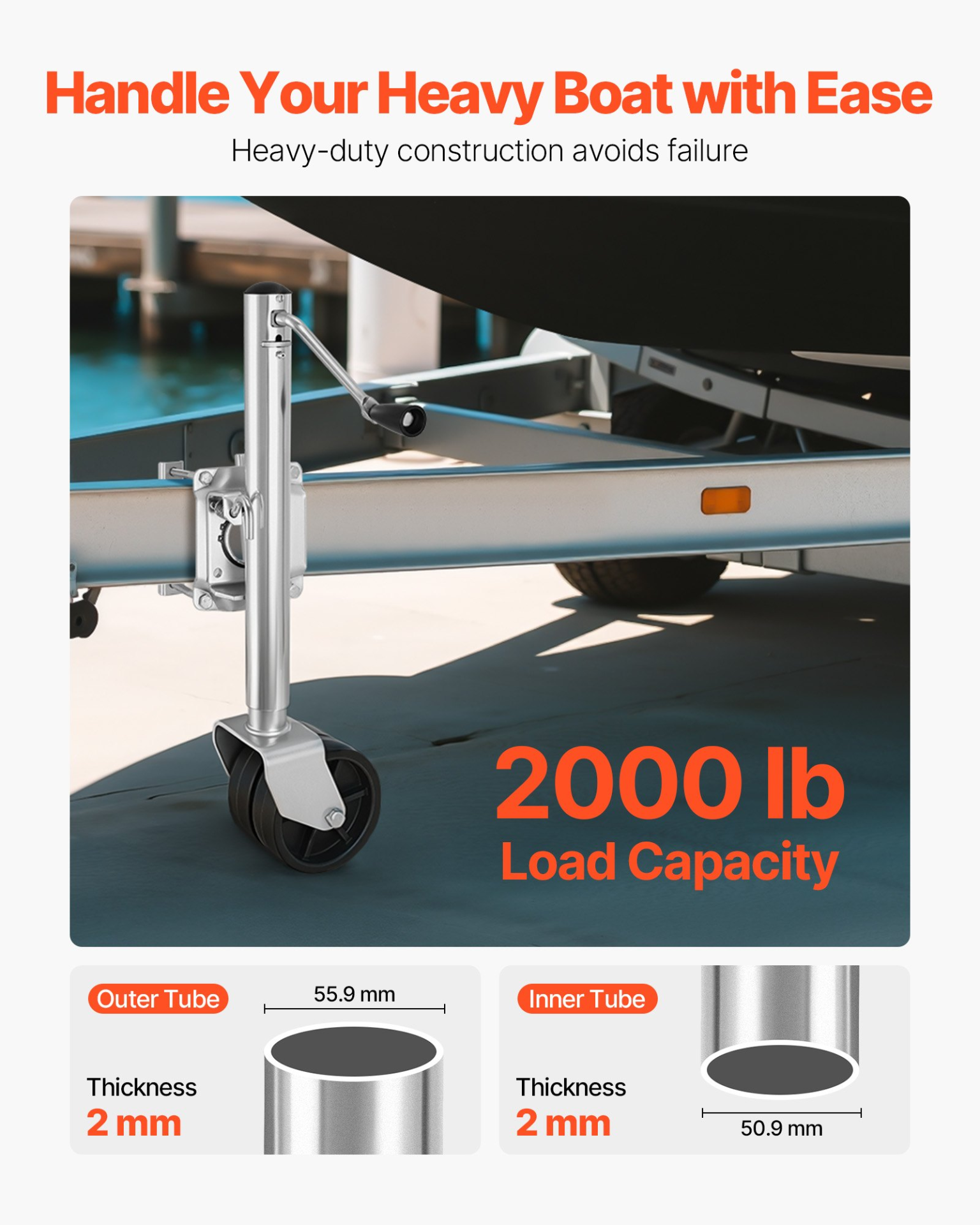 VEVOR 2000 lb Heavy-Duty Swivel Trailer Jack with Dual Wheel – 15″-27″