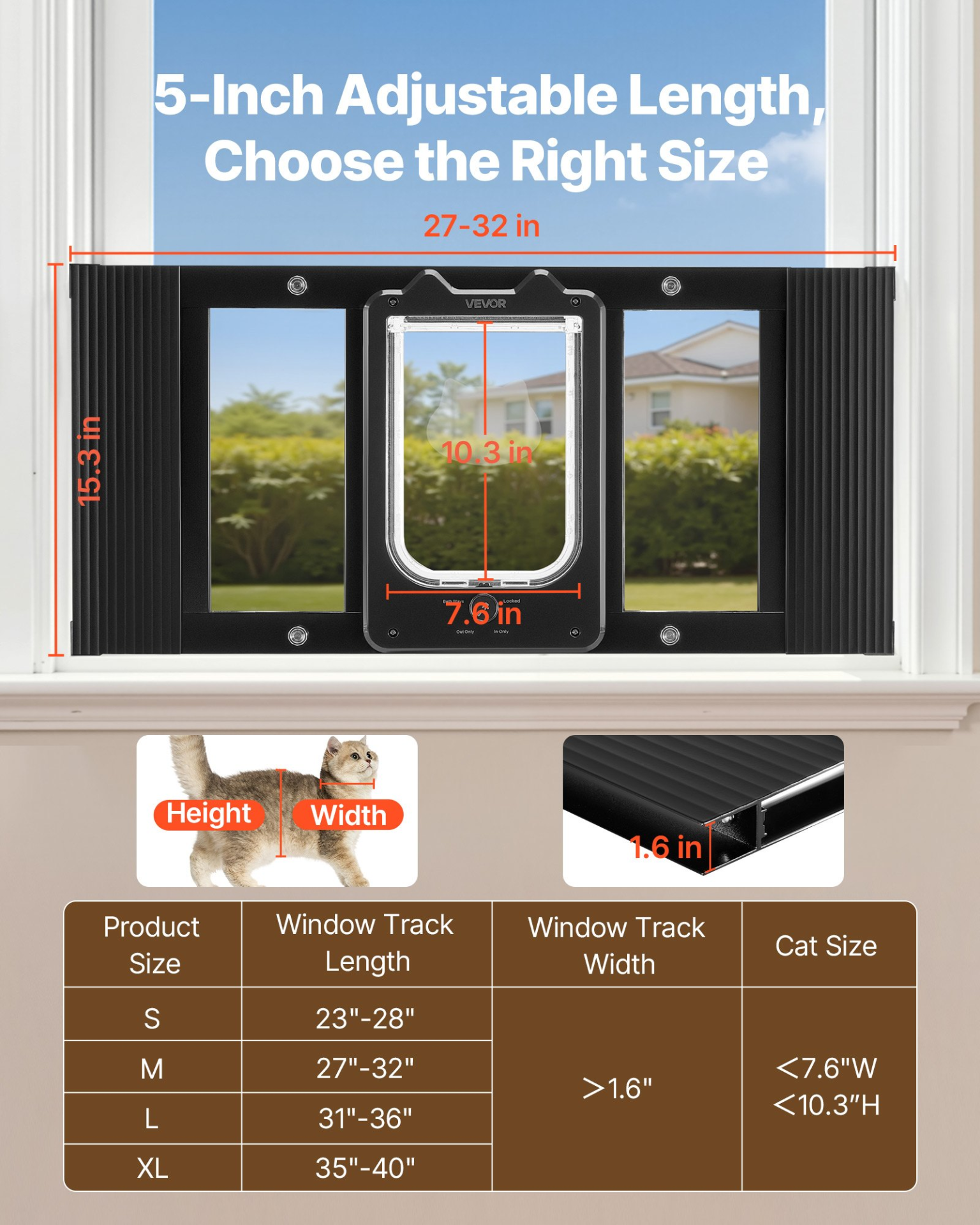 Cat Door for Window, Adjustable to Fit Window Width 27"-32", Black