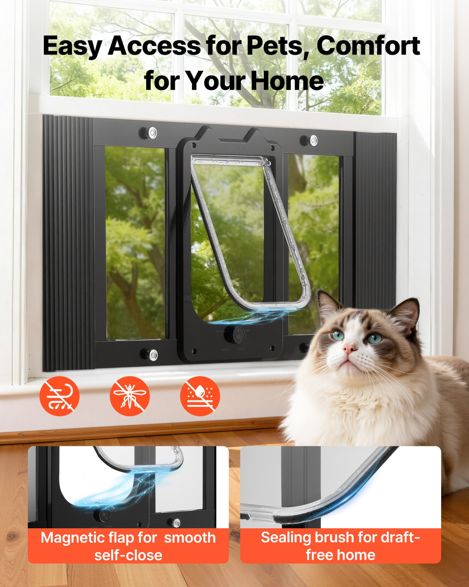 Cat Door for Window, Adjustable to Fit Window Width 27"-32", Black