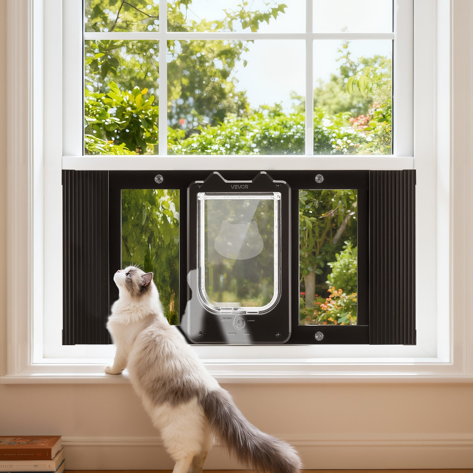 Cat Door for Window, Adjustable to Fit Window Width 27"-32", Black