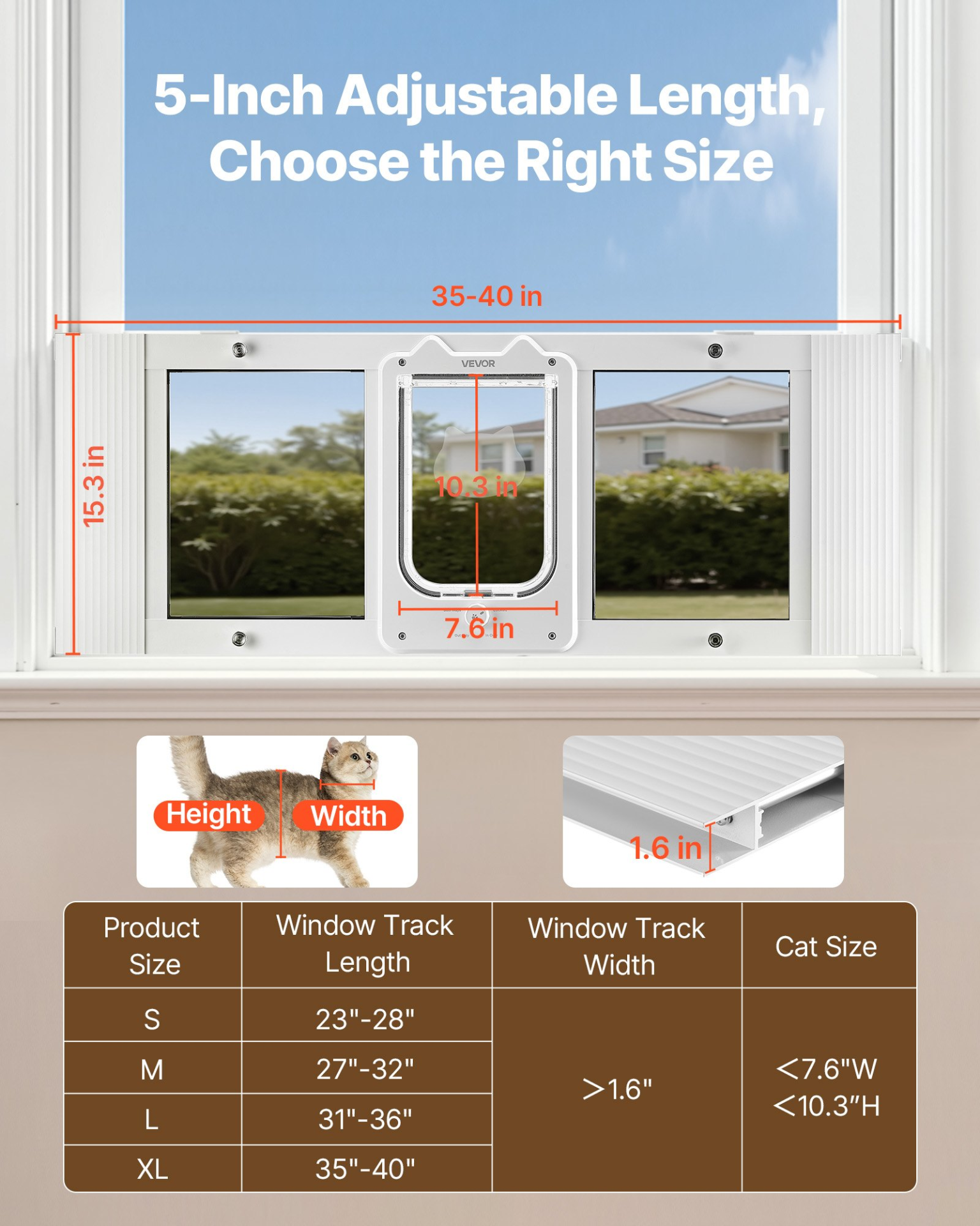 Cat Door for Window, Adjustable to Fit Window Width 35"-40", White