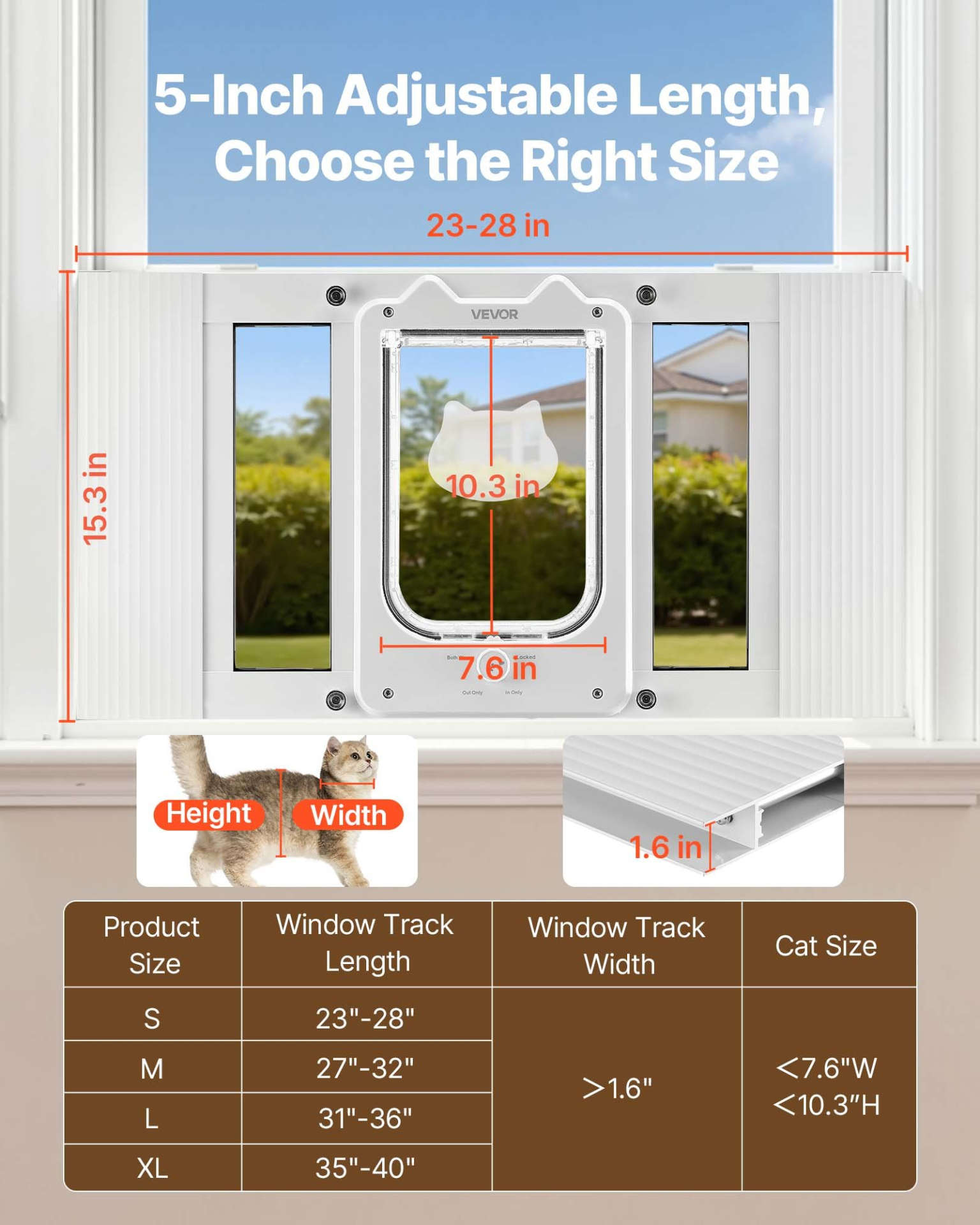 Cat Door for Window, Adjustable to Fit Window Width 23"-28", White