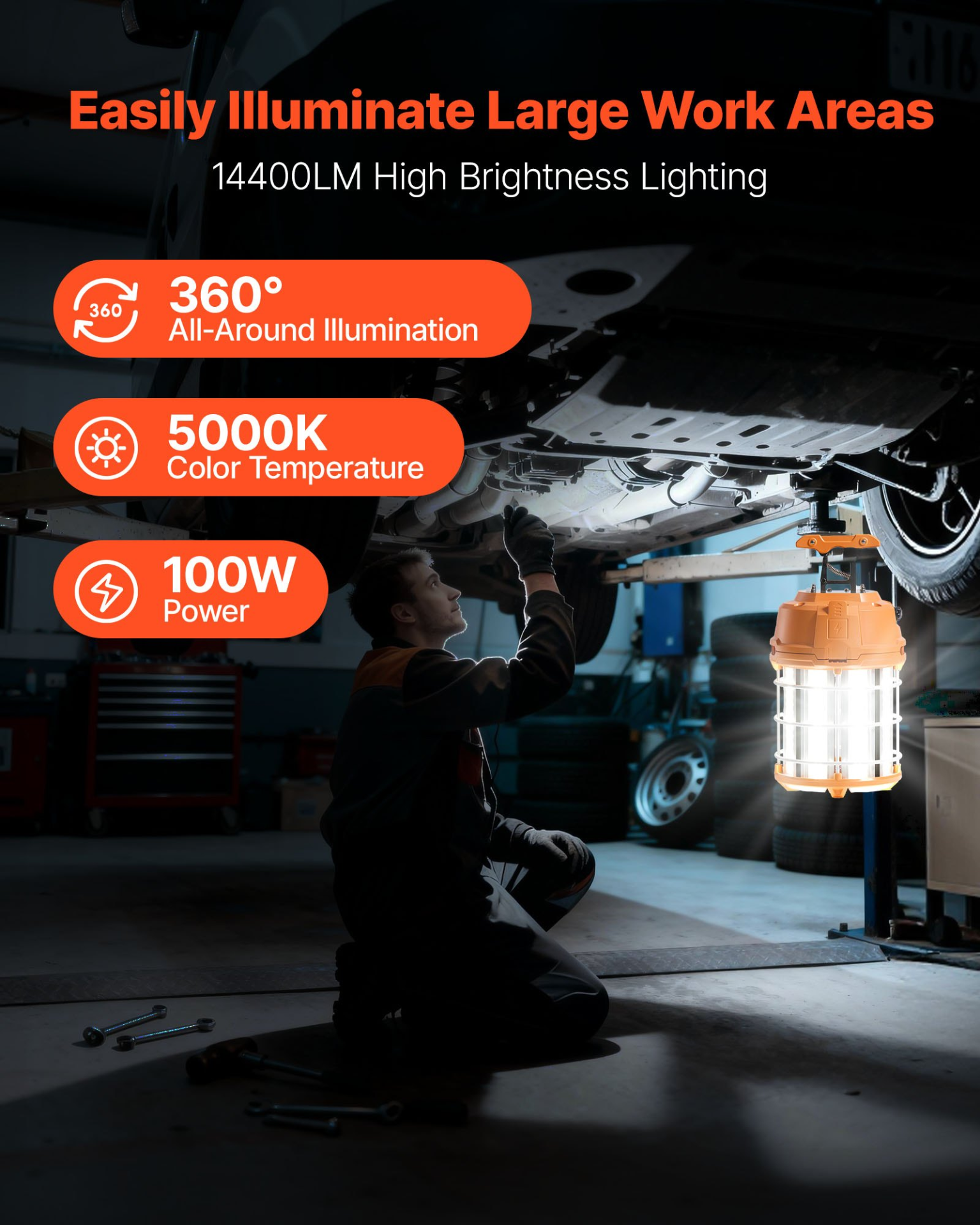100W LED Temporary Work Light 14400LM 5000K Linkable Job Site Light IP65