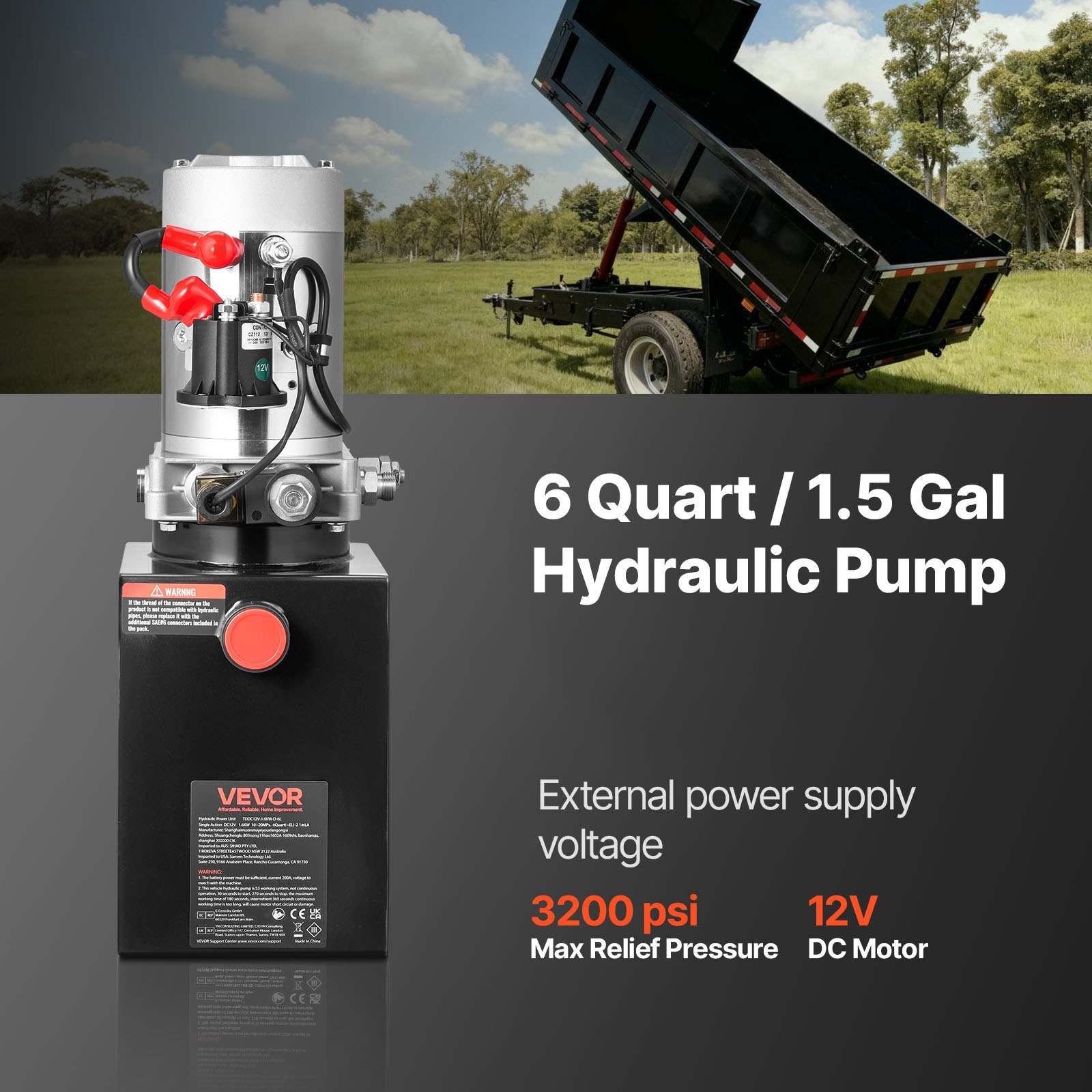 6 Quart 12V Hydraulic Power Unit Pump 3200 PSI Dump Trailer Black