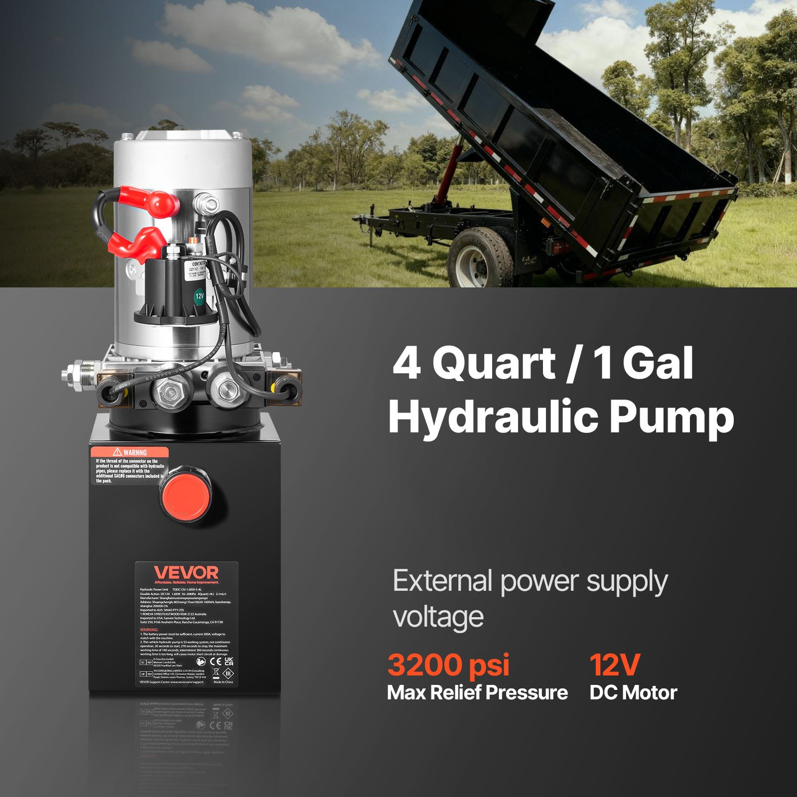 4 Quart Hydraulic Power Unit 12V Double Acting Dump Trailer Pump 3200 PSI