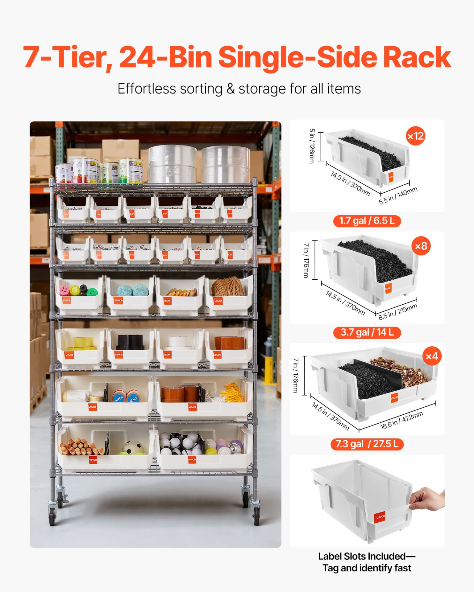 7-Tier Rolling Bin Storage Rack 24 Bins Steel Wire Shelving w/ Wheels