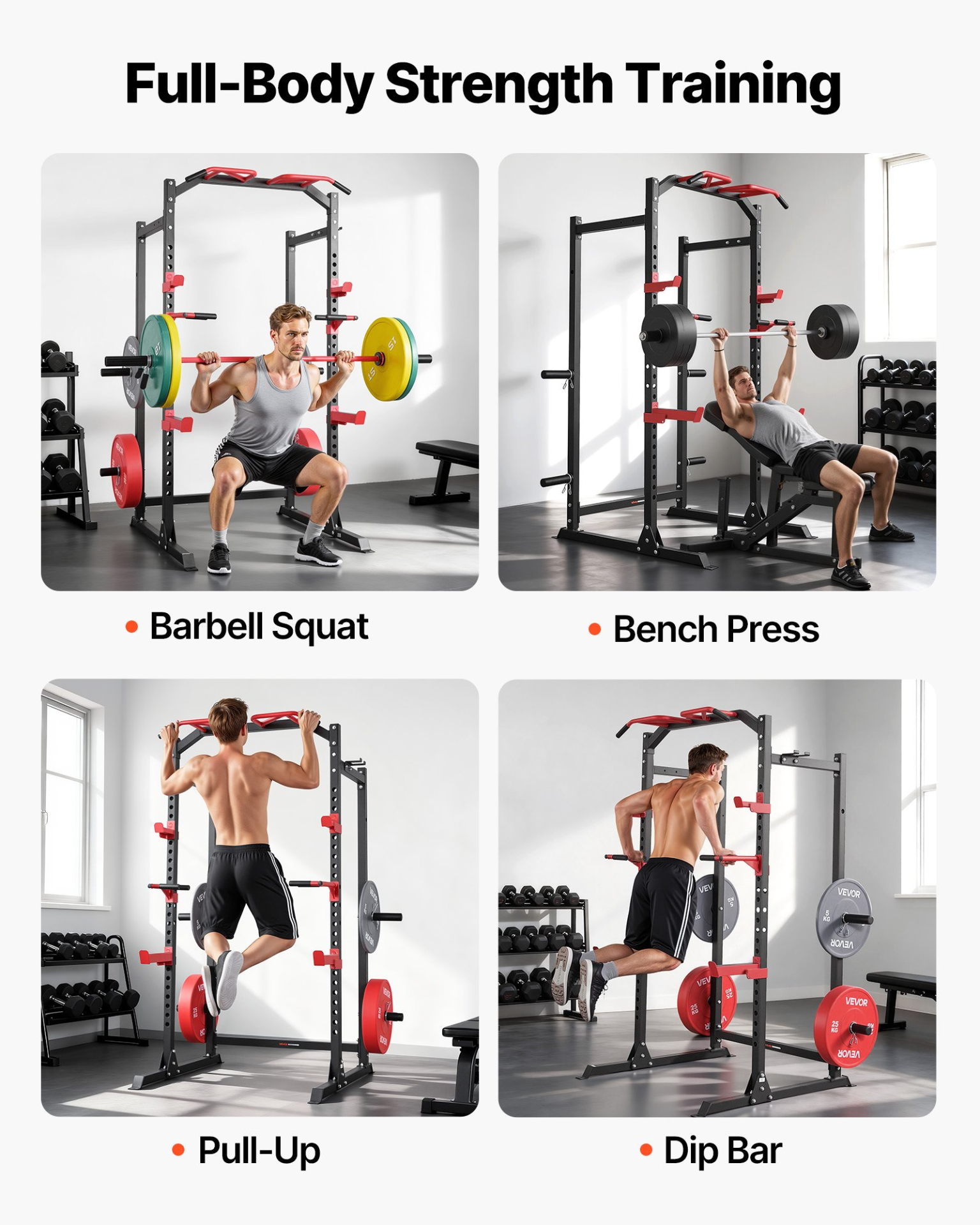 Power Cage Rack Adjustable Squat Rack w/ J-Hooks Pull-Up Dip Home Gym