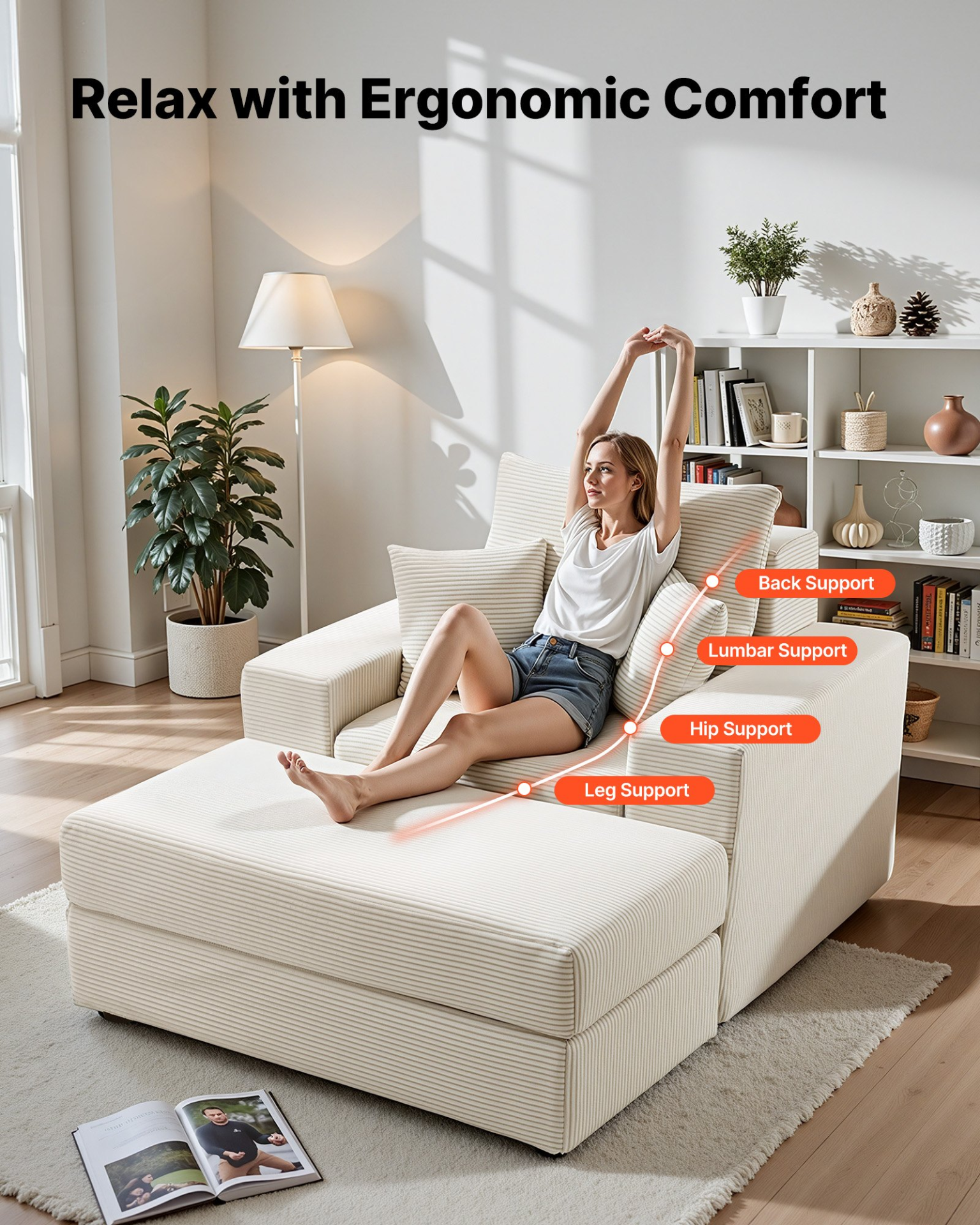 Chaise Lounge Chair, 44 in Boneless Modular Chaise Lounge Indoor, Beige