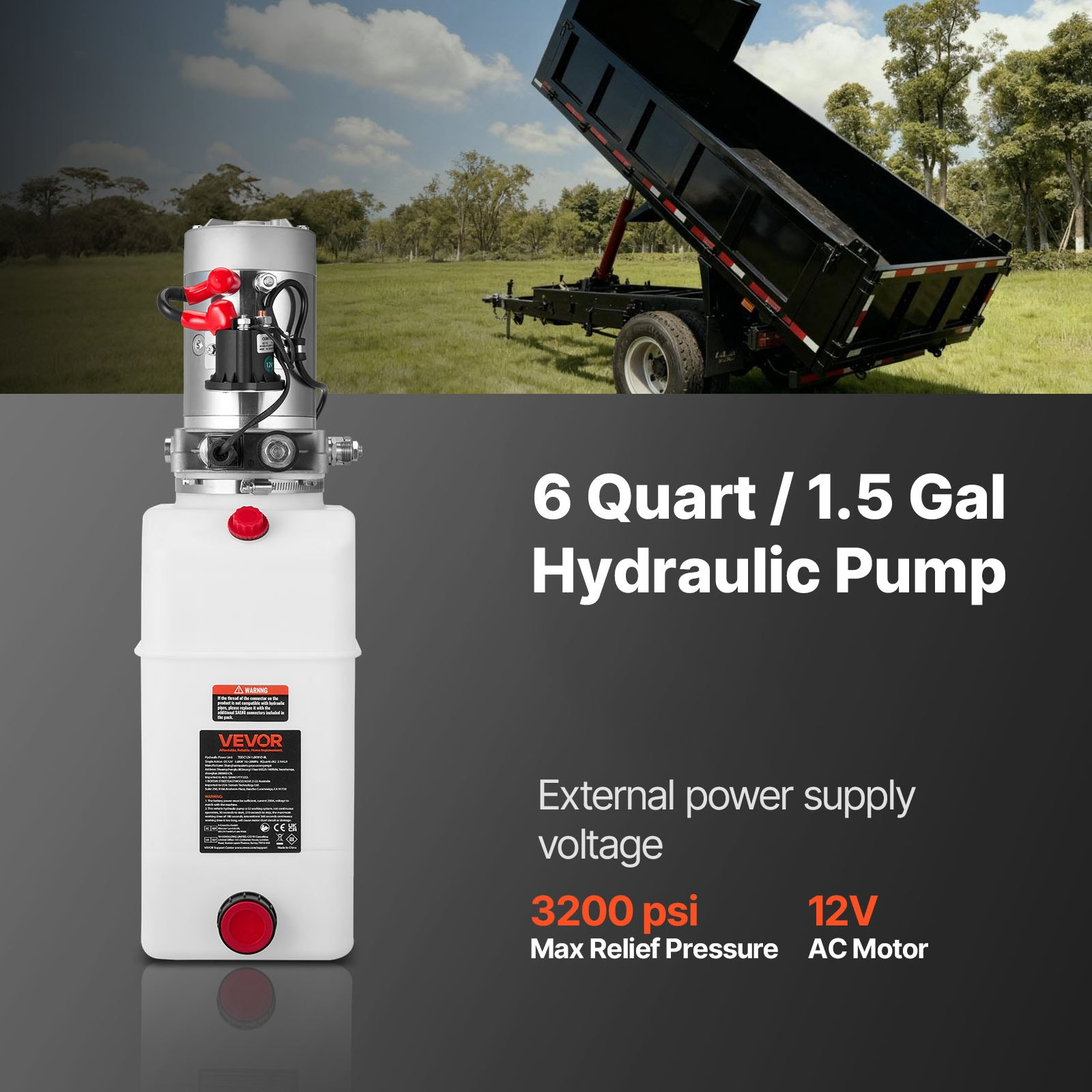 6 Quart 12V Hydraulic Power Unit Pump 3200 PSI for Dump Trailer White